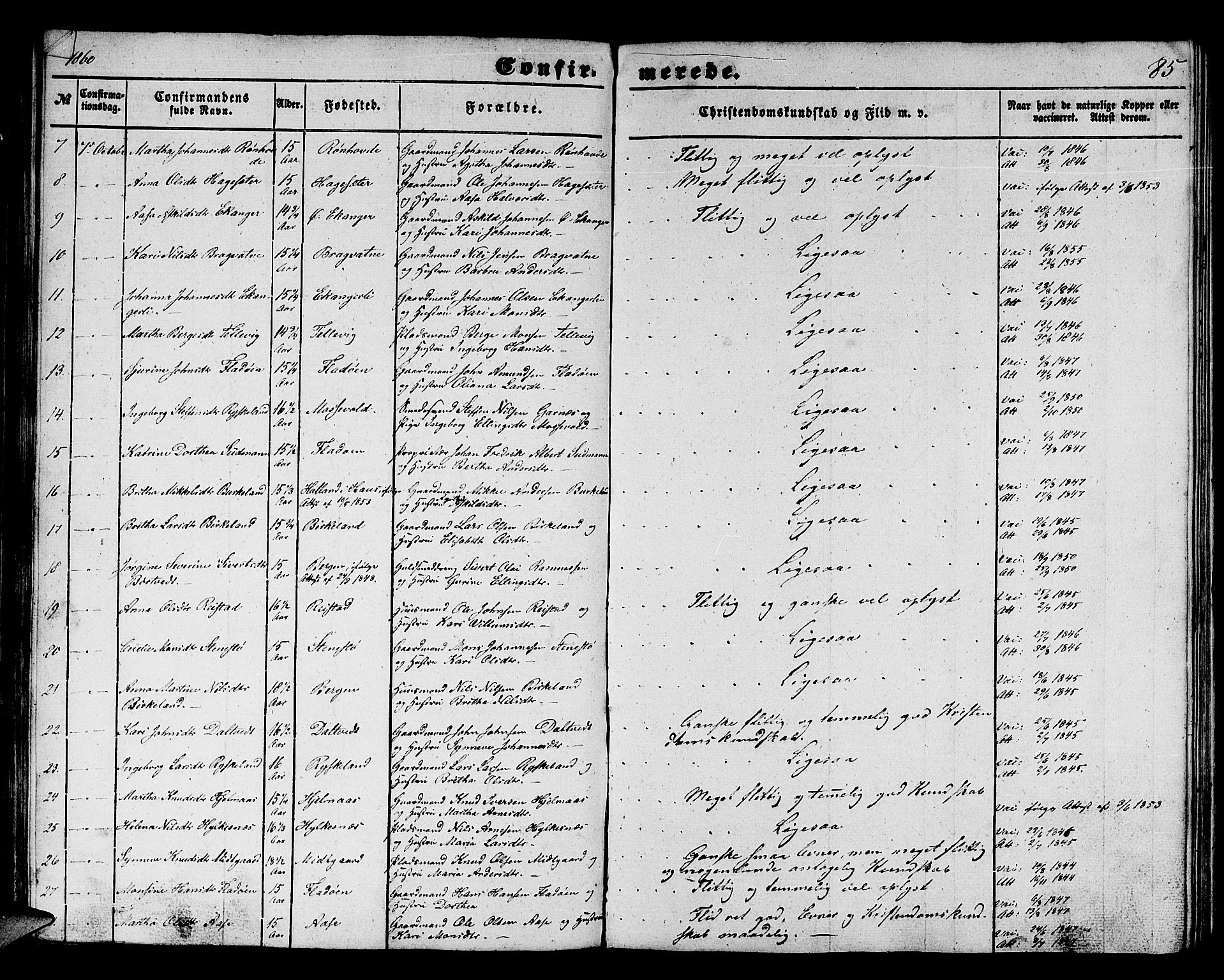 Hamre sokneprestembete, SAB/A-75501/H/Ha/Hab: Parish register (copy) no. B 1, 1852-1863, p. 85