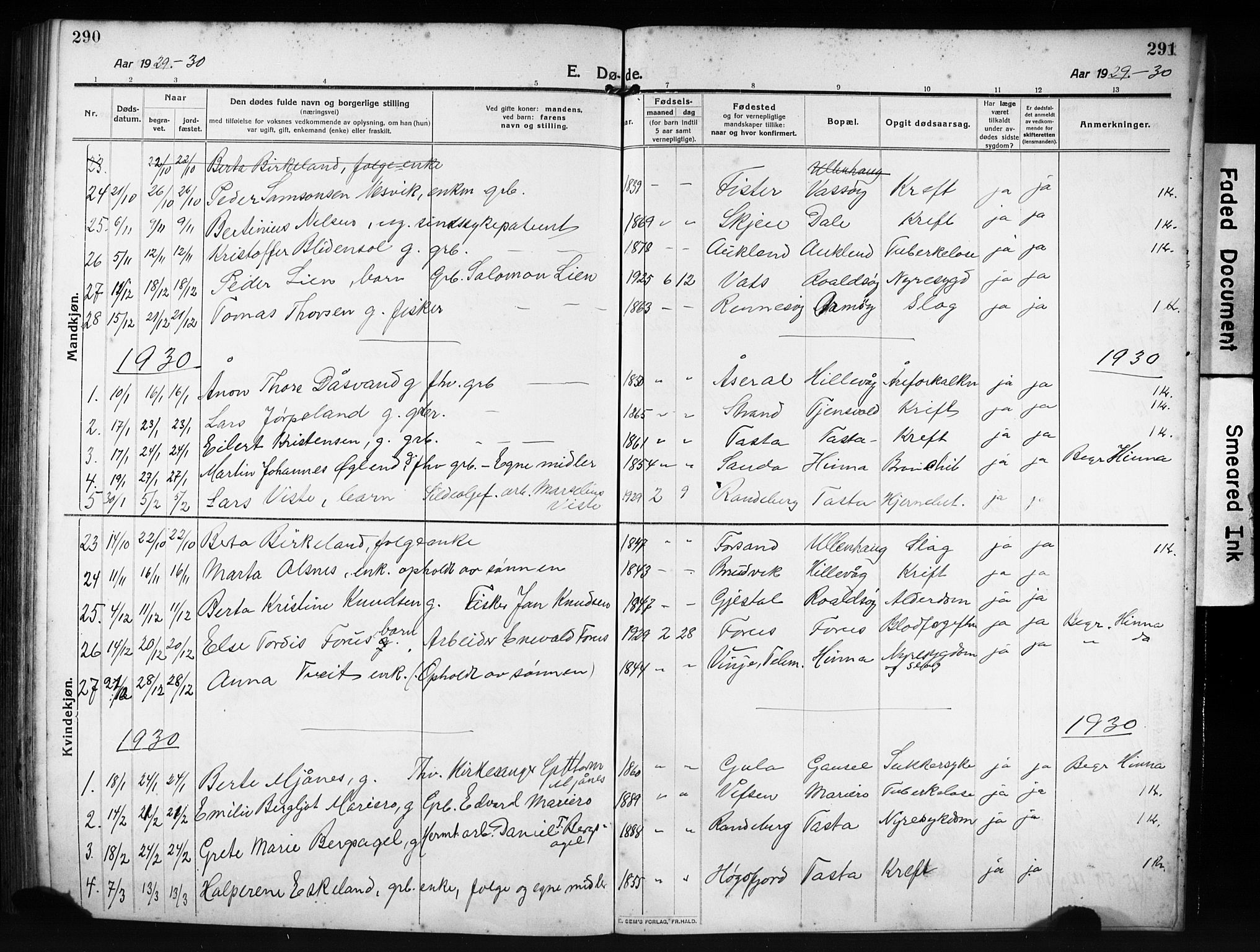 Hetland sokneprestkontor, AV/SAST-A-101826/30/30BB/L0009: Parish register (copy) no. B 9, 1910-1931, p. 290-291