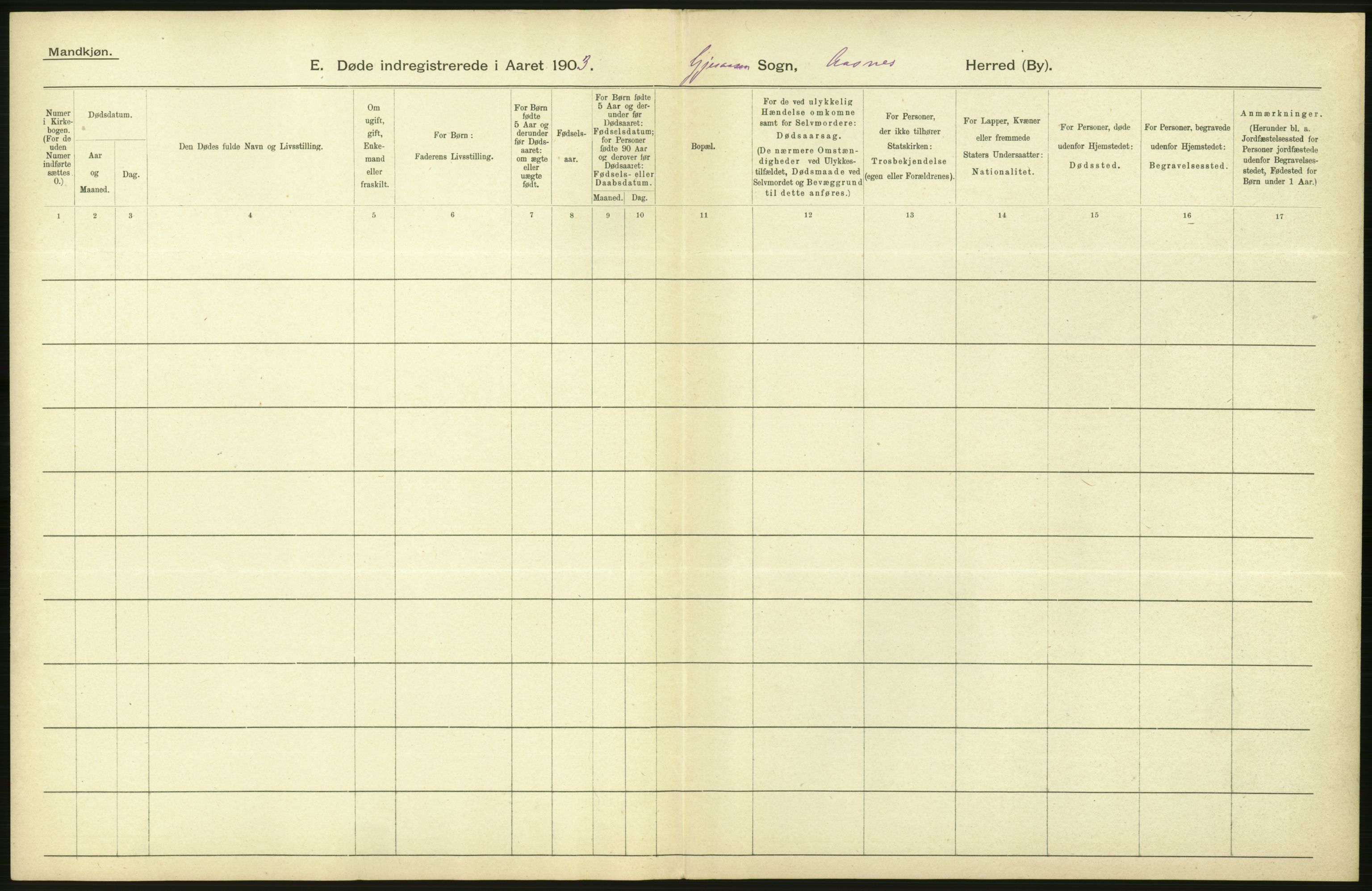 Statistisk sentralbyrå, Sosiodemografiske emner, Befolkning, AV/RA-S-2228/D/Df/Dfa/Dfaa/L0005: Hedemarkens amt: Fødte, gifte, døde, 1903, p. 444