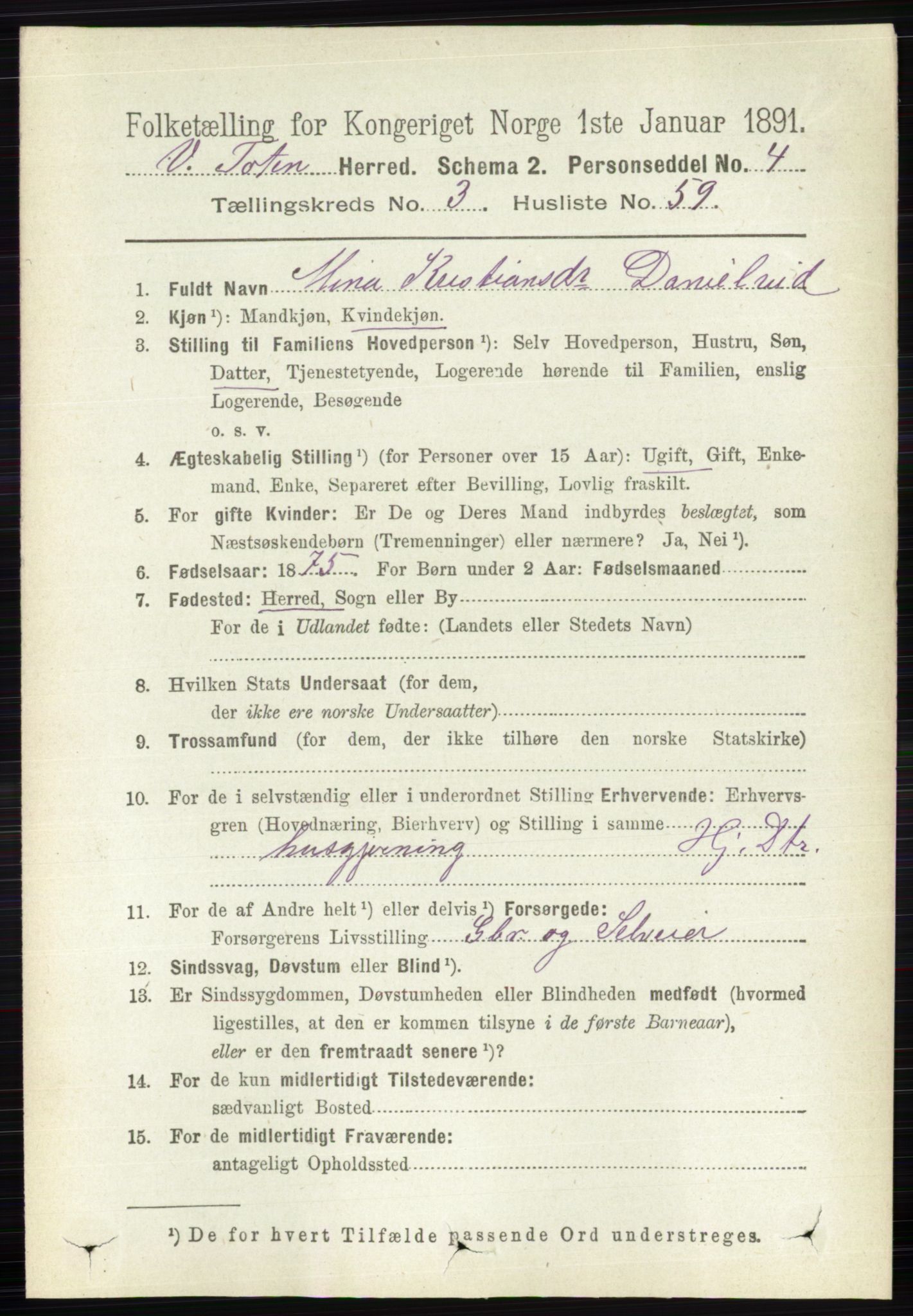 RA, 1891 census for 0529 Vestre Toten, 1891, p. 2290