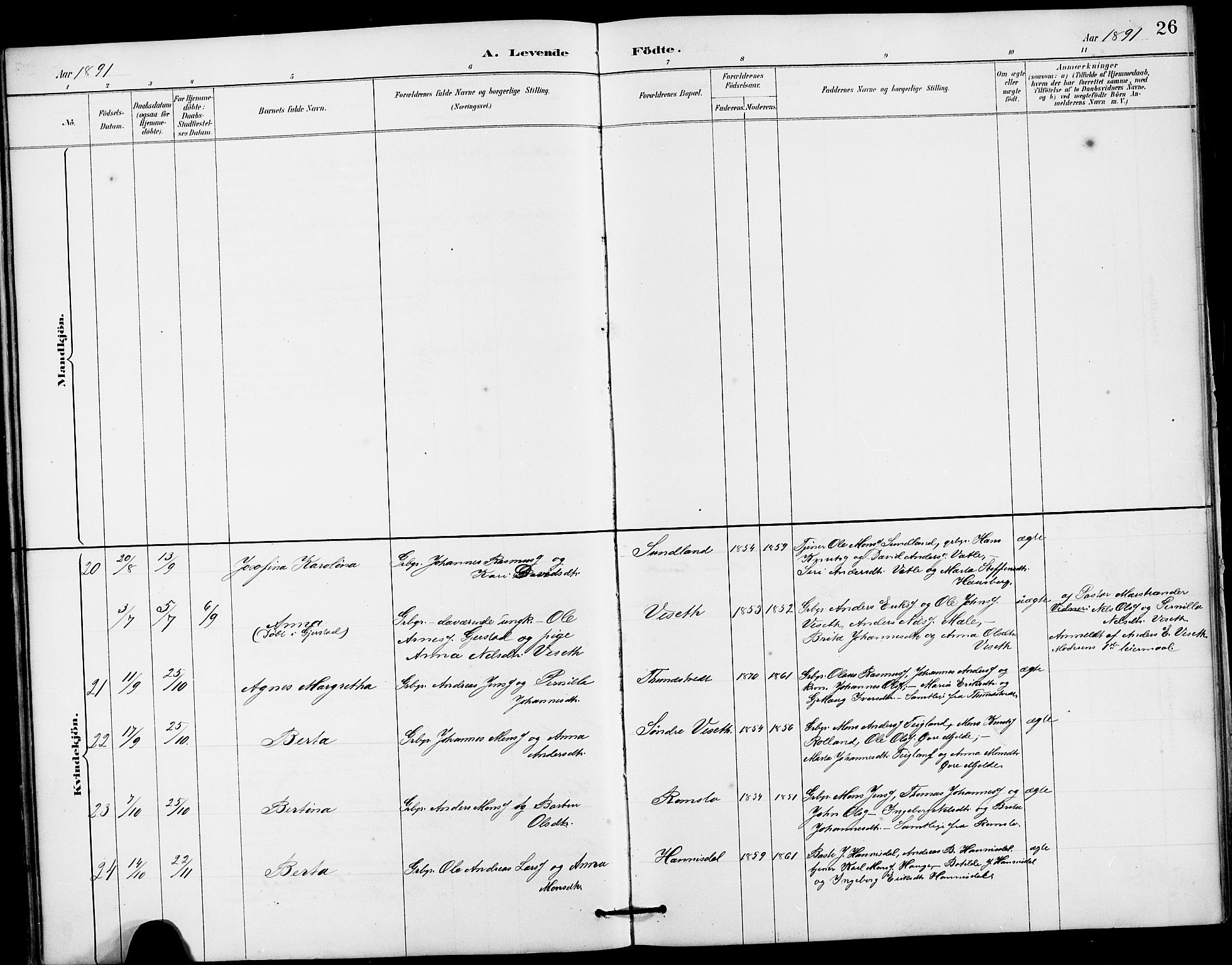 Haus sokneprestembete, AV/SAB-A-75601/H/Hab: Parish register (copy) no. B 3, 1885-1899, p. 26