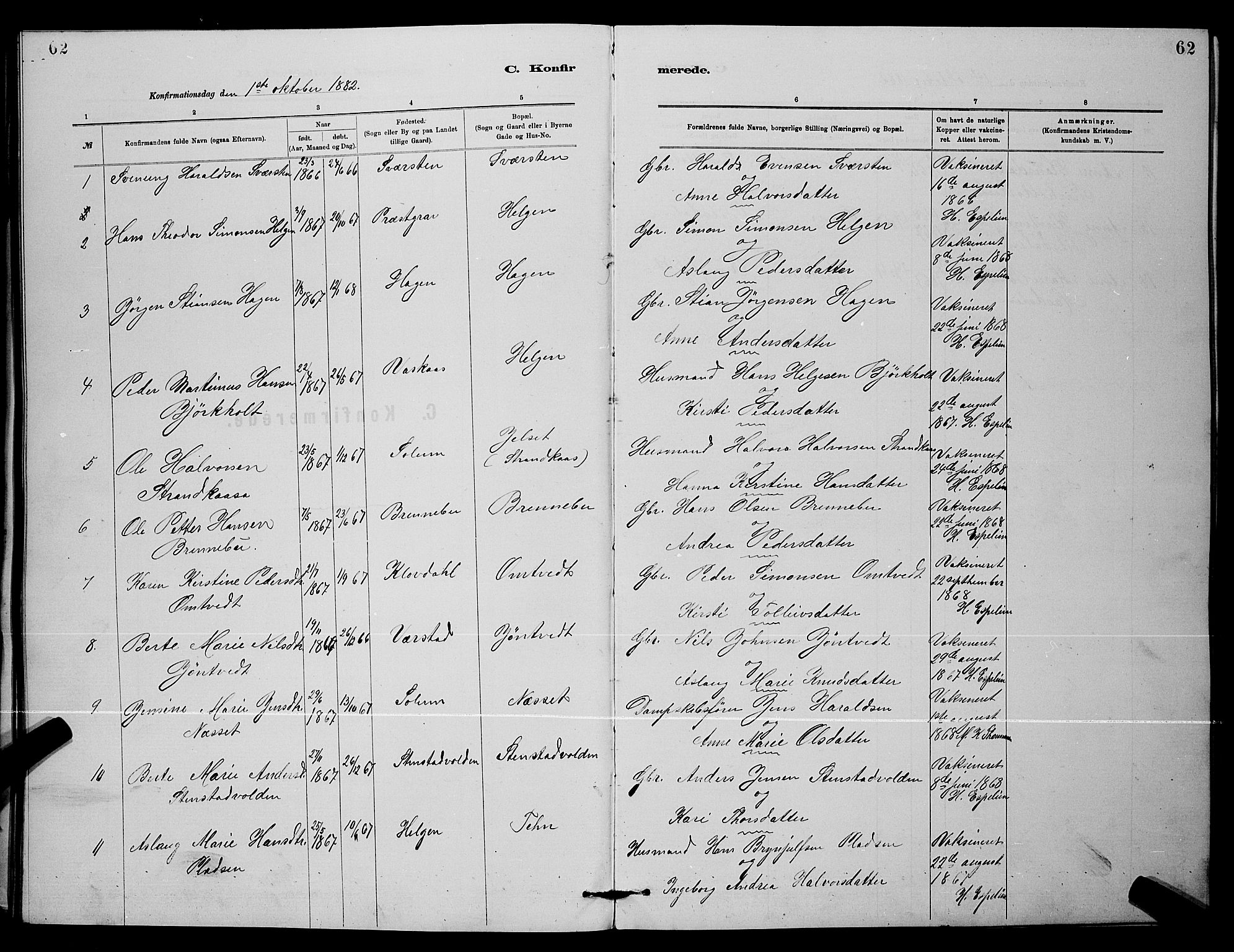 Holla kirkebøker, SAKO/A-272/G/Gb/L0001: Parish register (copy) no. II 1, 1882-1897, p. 62