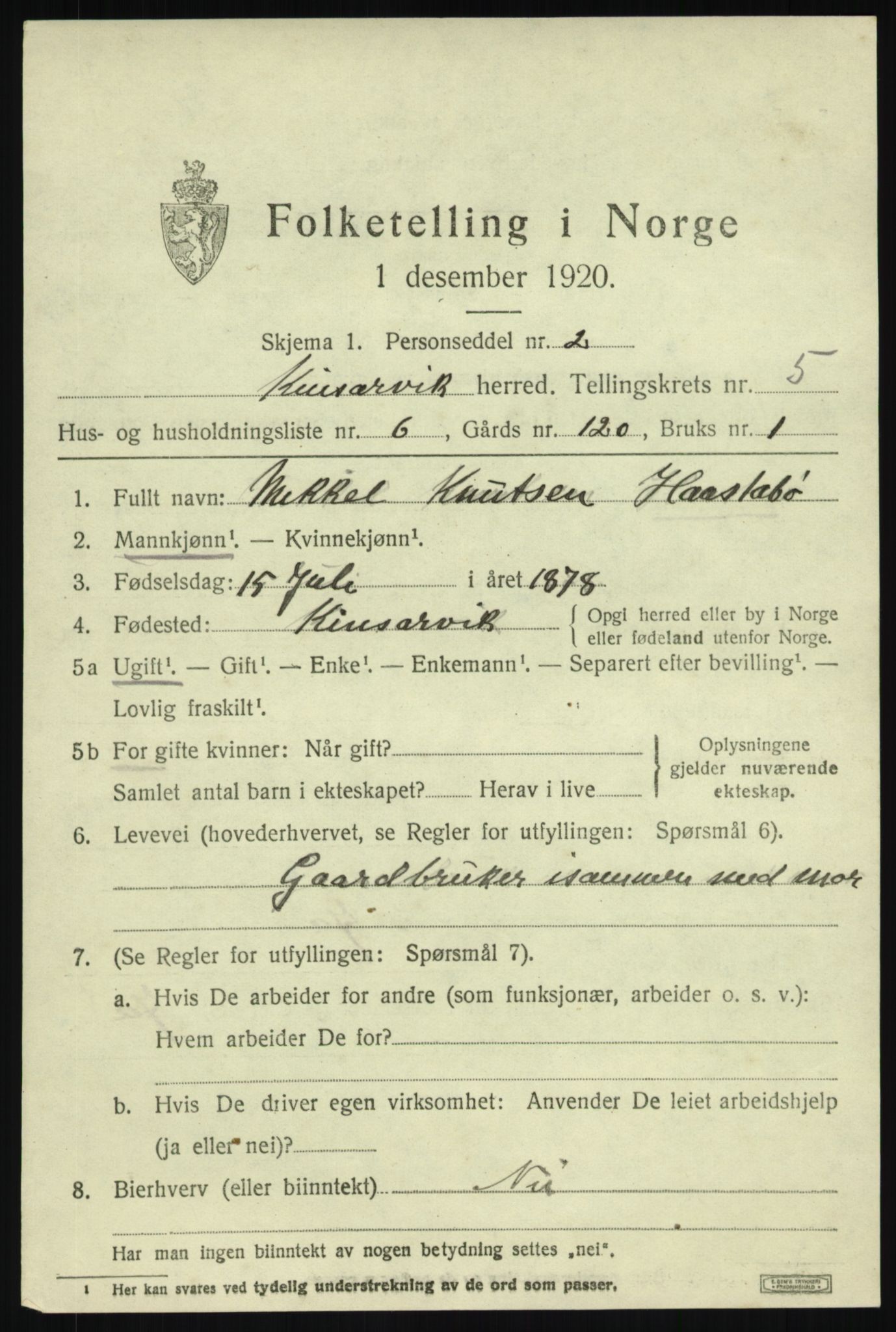 SAB, 1920 census for Kinsarvik, 1920, p. 2704