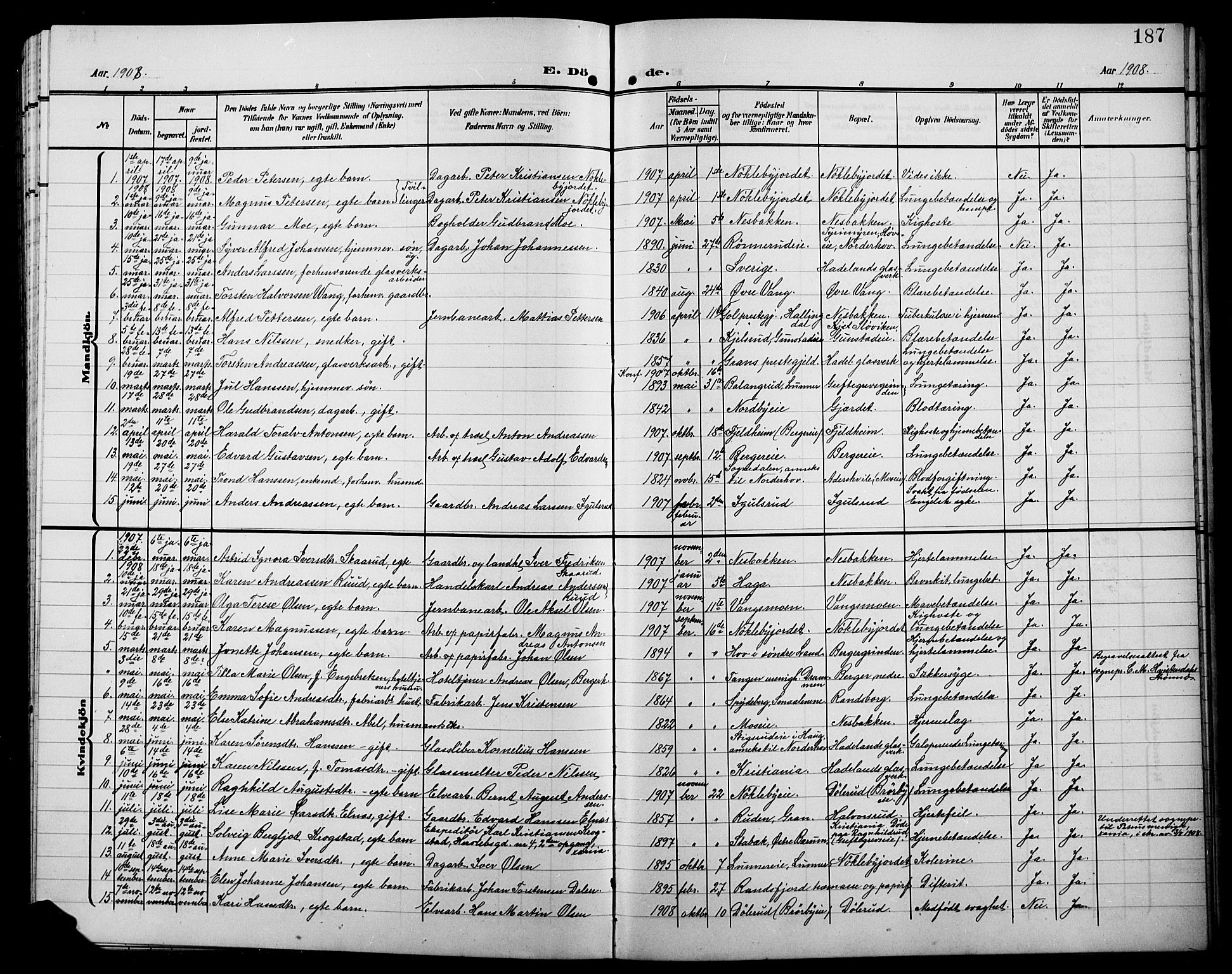 Jevnaker prestekontor, SAH/PREST-116/H/Ha/Hab/L0004: Parish register (copy) no. 4, 1907-1918, p. 187