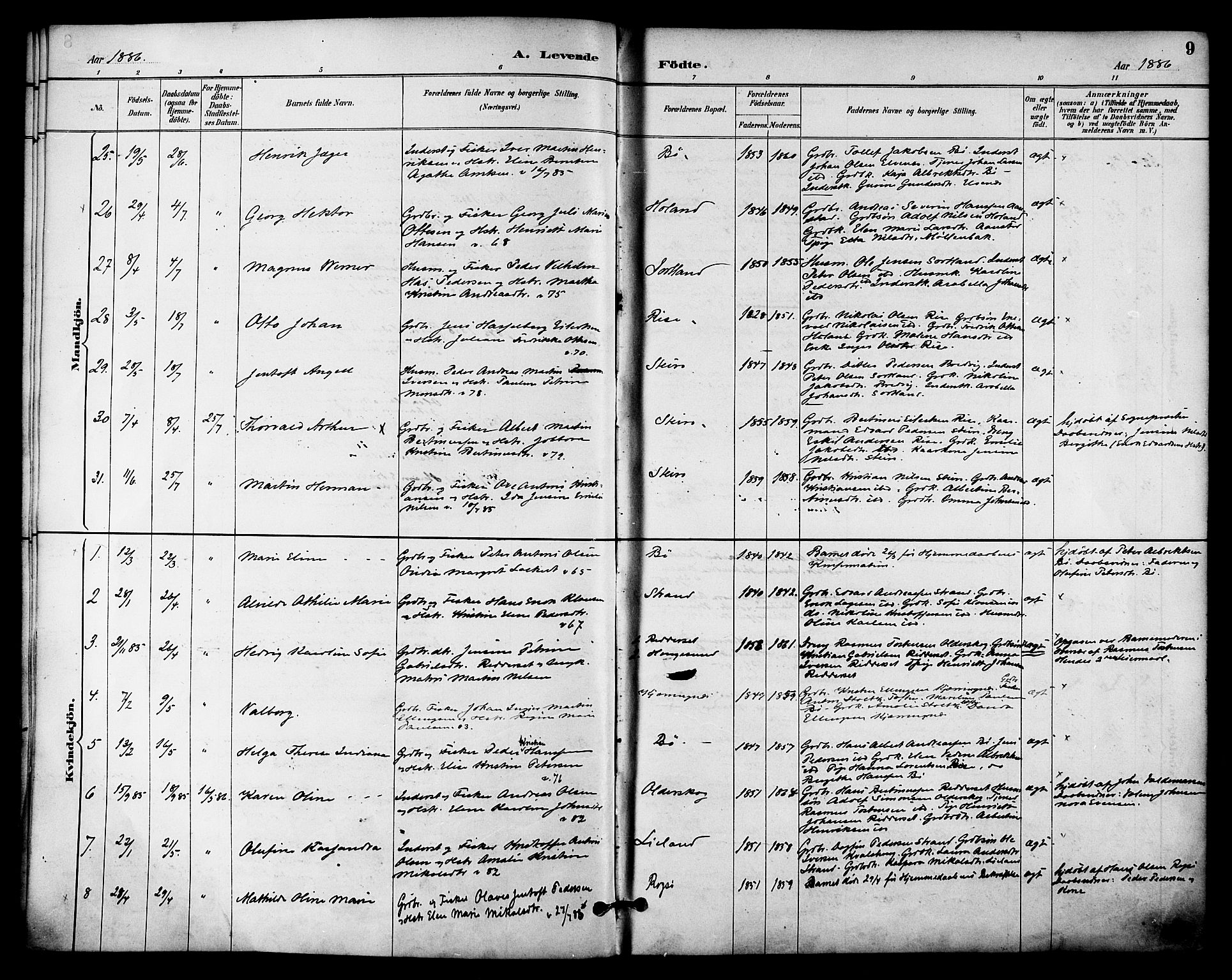 Ministerialprotokoller, klokkerbøker og fødselsregistre - Nordland, SAT/A-1459/895/L1371: Parish register (official) no. 895A06, 1885-1894, p. 9