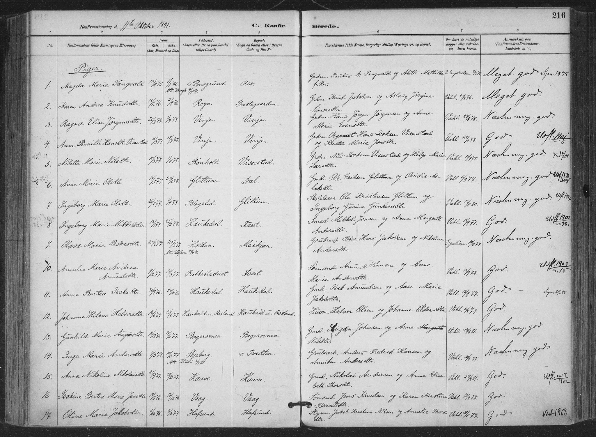 Bamble kirkebøker, AV/SAKO-A-253/F/Fa/L0008: Parish register (official) no. I 8, 1888-1900, p. 216