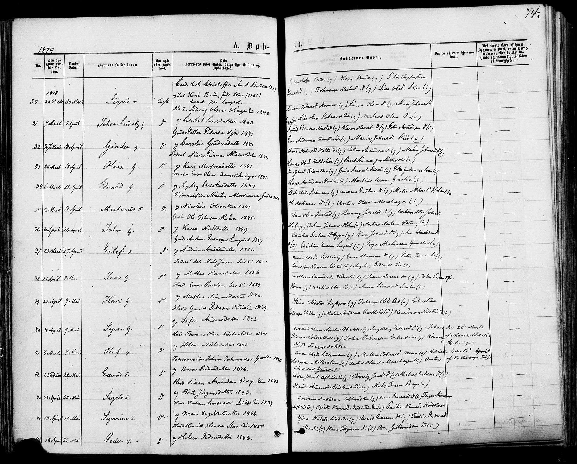 Østre Gausdal prestekontor, SAH/PREST-092/H/Ha/Haa/L0001: Parish register (official) no. 1, 1874-1886, p. 74