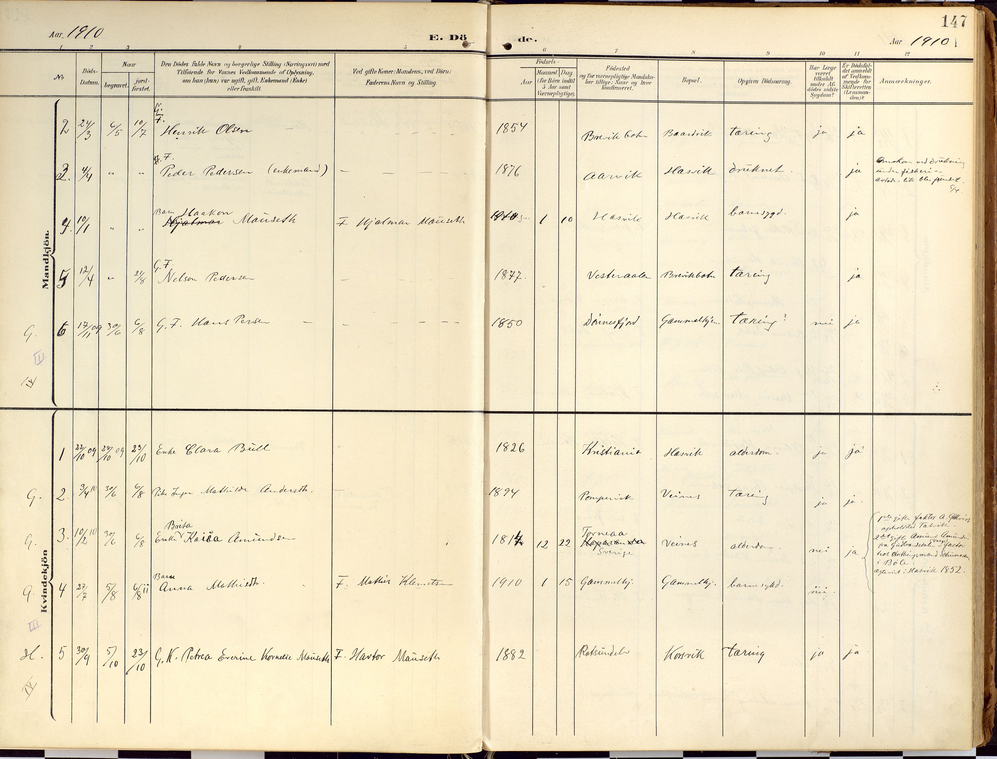 Loppa sokneprestkontor, AV/SATØ-S-1339/H/Ha/L0010kirke: Parish register (official) no. 10, 1907-1922, p. 147