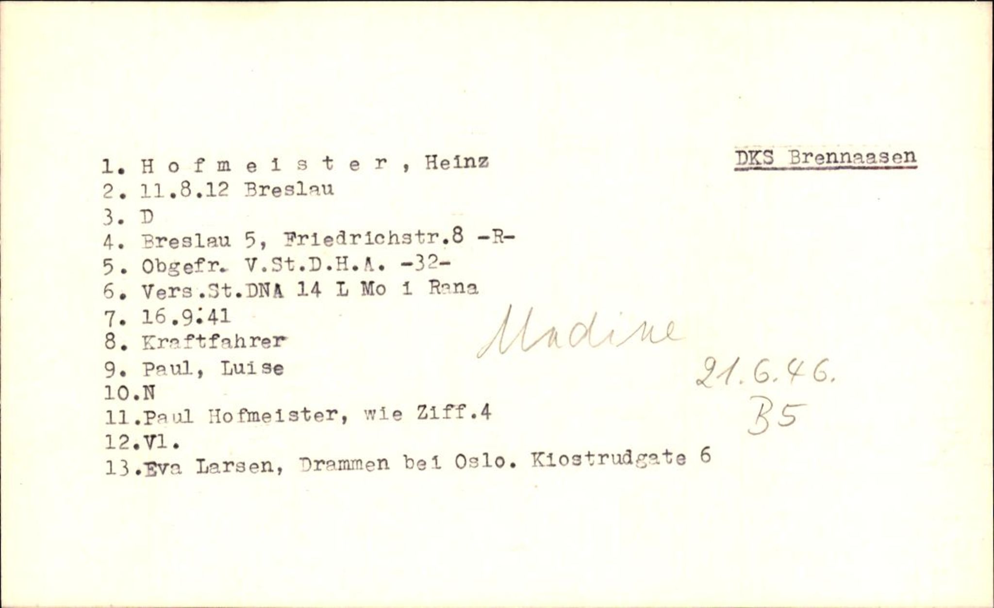 Hjemsendte tyskere , AV/RA-RAFA-6487/D/Db/L0014: Hofmeister-Kaften, 1945-1947, p. 2