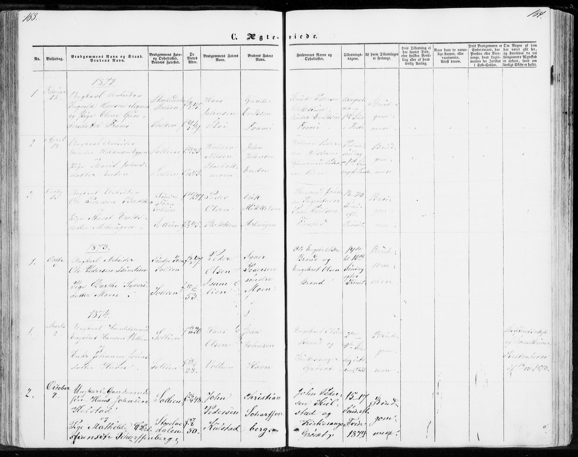 Sollia prestekontor, SAH/PREST-050/H/Ha/Haa/L0001: Parish register (official) no. 1, 1856-1885, p. 163-164