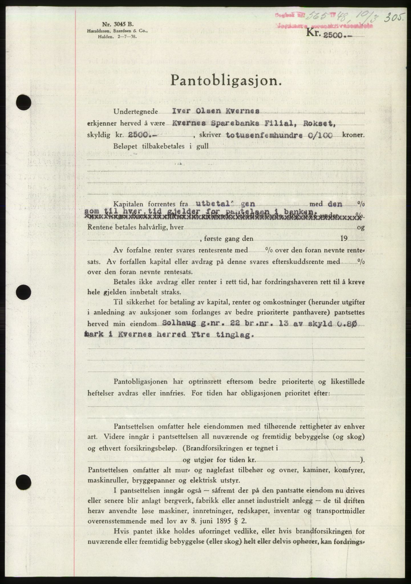 Nordmøre sorenskriveri, AV/SAT-A-4132/1/2/2Ca: Mortgage book no. B98, 1948-1948, Diary no: : 565/1948