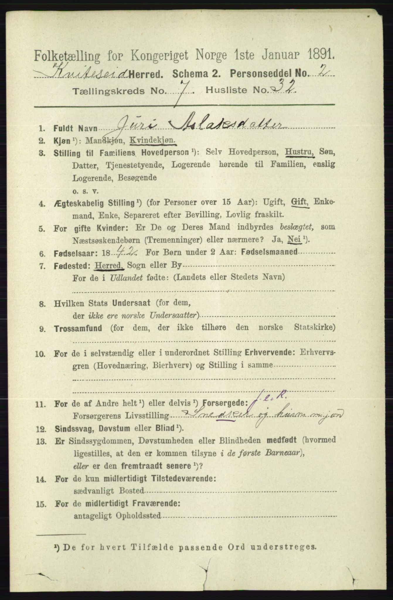 RA, 1891 census for 0829 Kviteseid, 1891, p. 1539