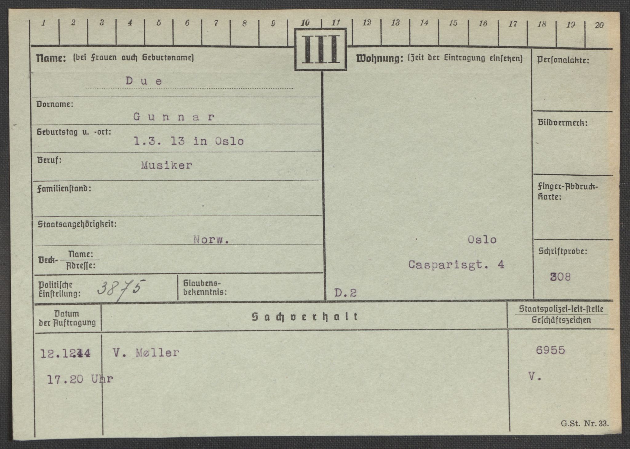 Befehlshaber der Sicherheitspolizei und des SD, AV/RA-RAFA-5969/E/Ea/Eaa/L0002: Register over norske fanger i Møllergata 19: Bj-Eng, 1940-1945, p. 1091