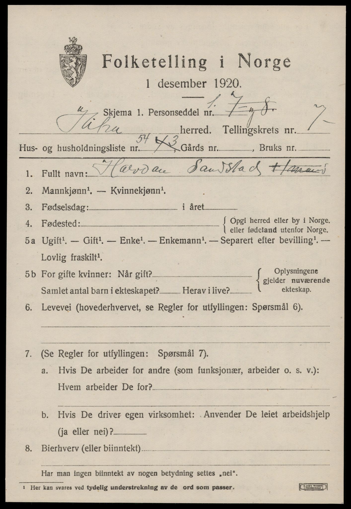 SAT, 1920 census for Hitra, 1920, p. 2609