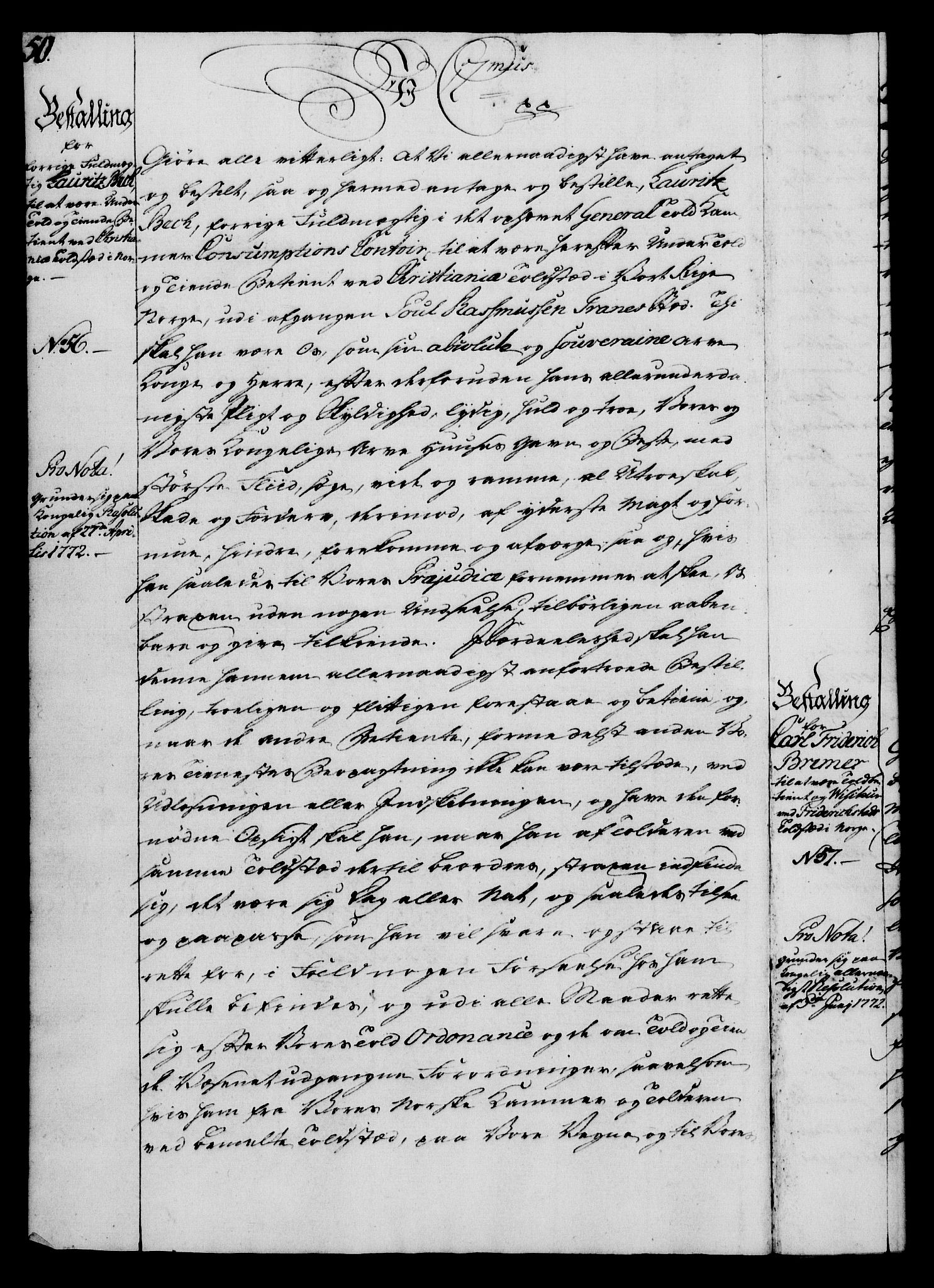 Rentekammeret, Kammerkanselliet, RA/EA-3111/G/Gg/Gge/L0005: Norsk bestallingsprotokoll med register (merket RK 53.29), 1771-1773, p. 50