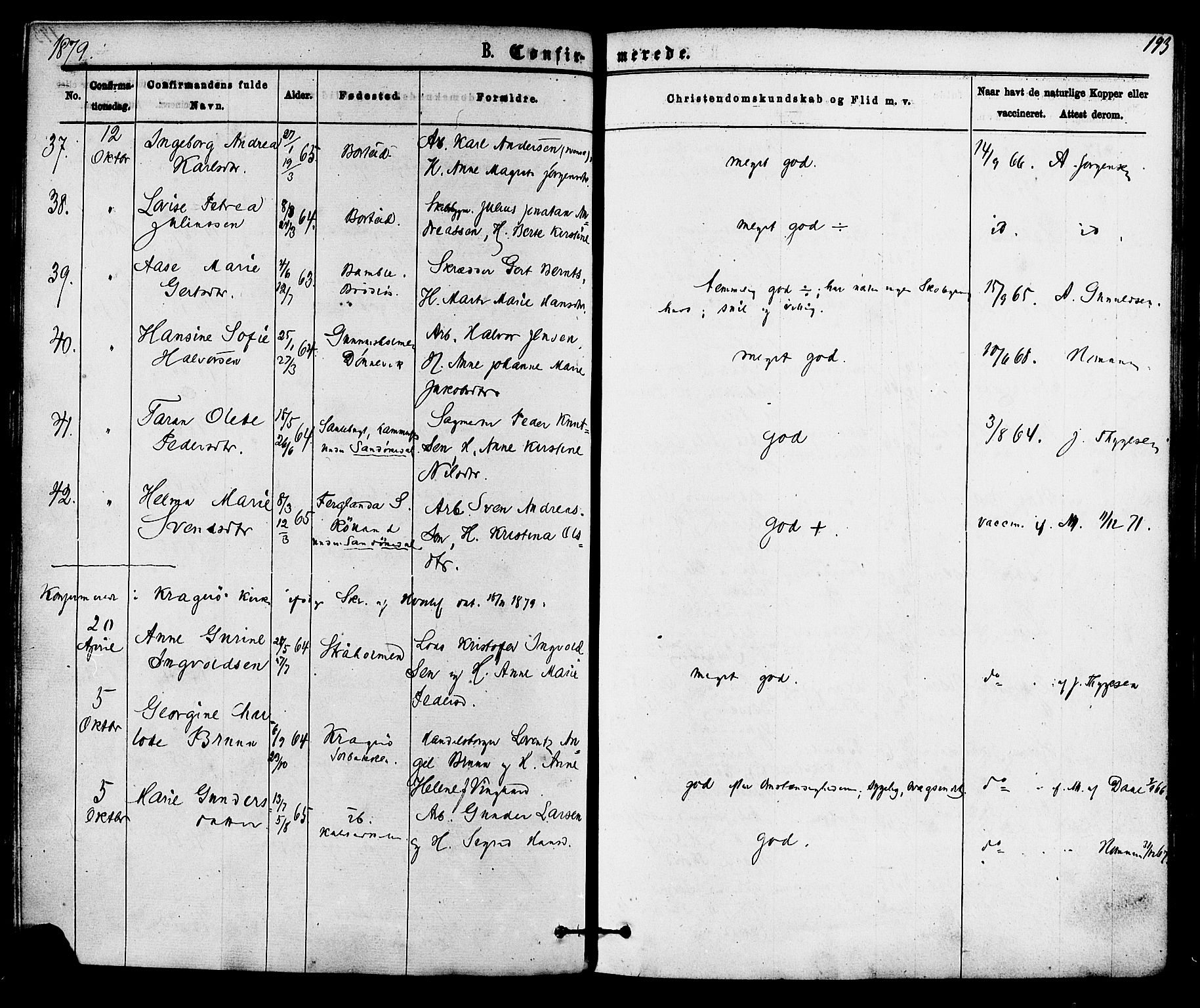 Skåtøy kirkebøker, SAKO/A-304/F/Fa/L0001: Parish register (official) no. I 1, 1874-1883, p. 193