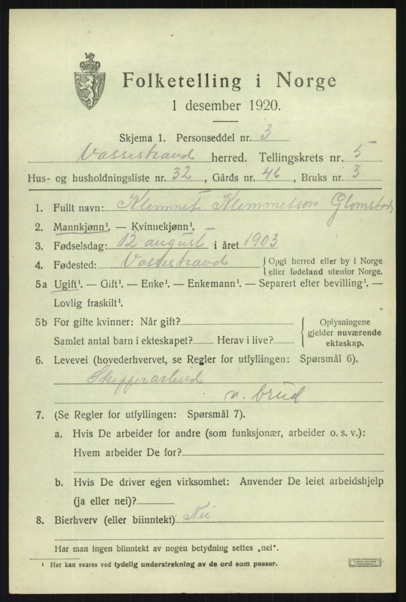 SAB, 1920 census for Vossestrand, 1920, p. 2766