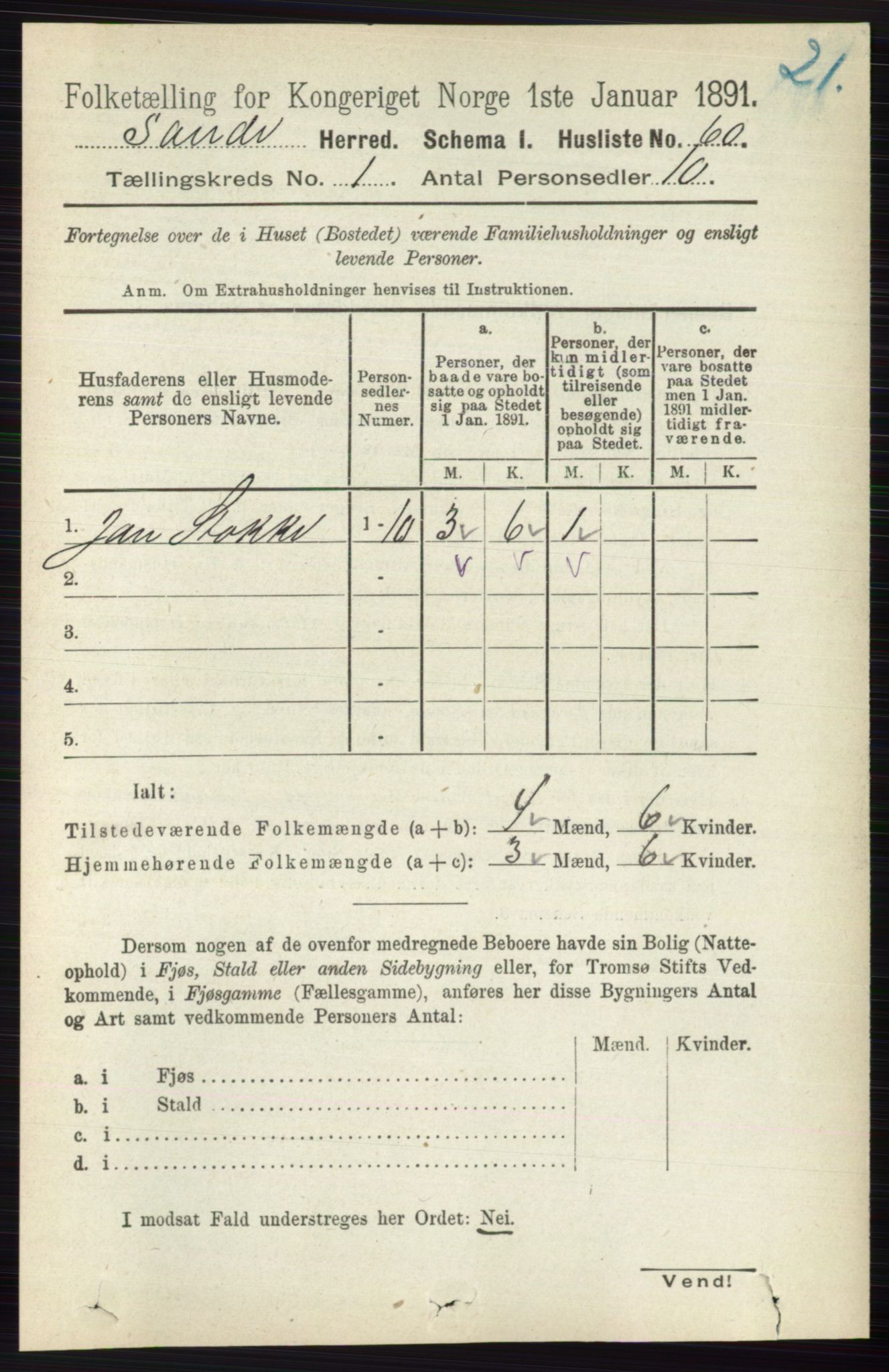 RA, 1891 census for 0713 Sande, 1891, p. 86