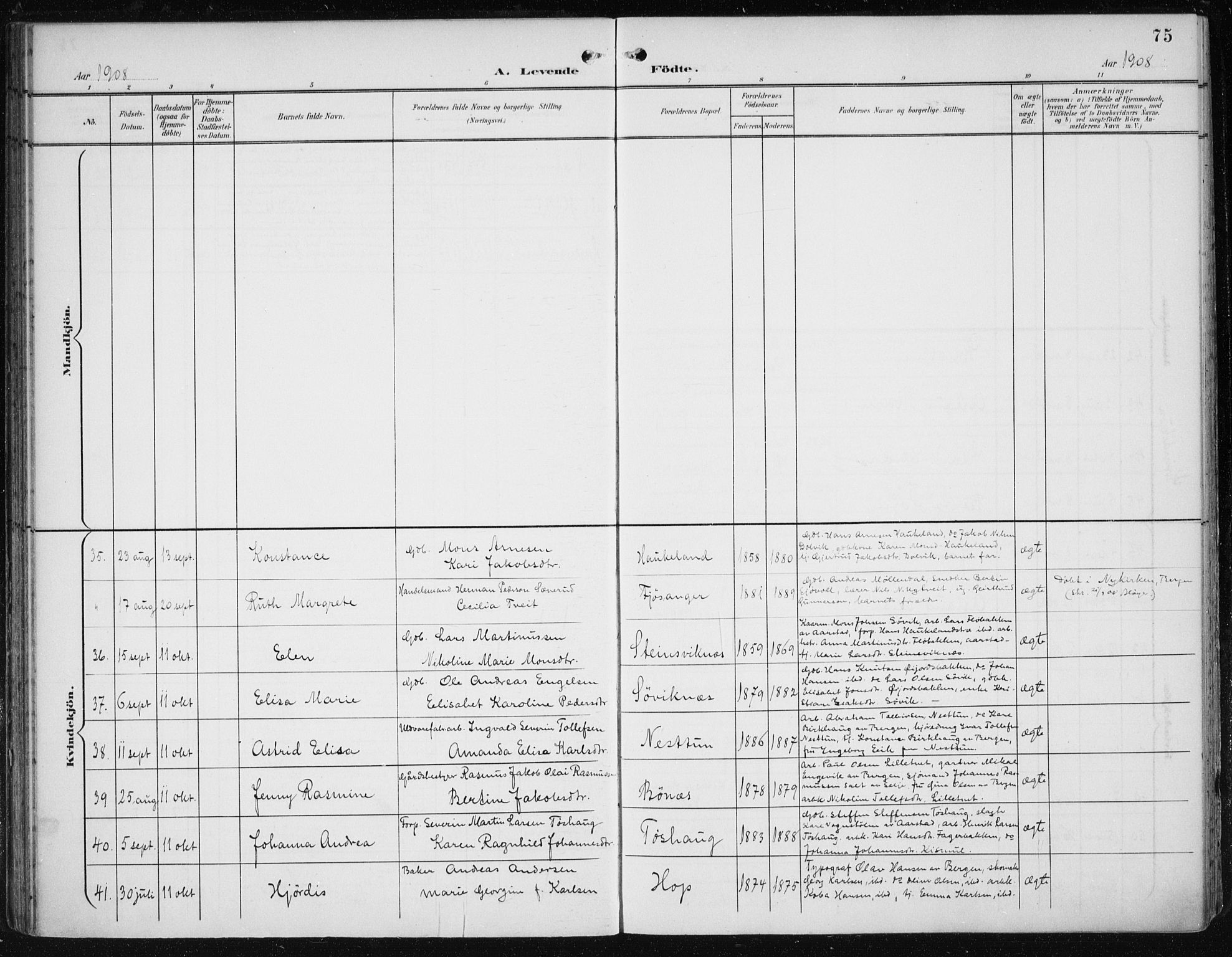 Fana Sokneprestembete, SAB/A-75101/H/Haa/Haai/L0003: Parish register (official) no. I 3, 1900-1912, p. 75