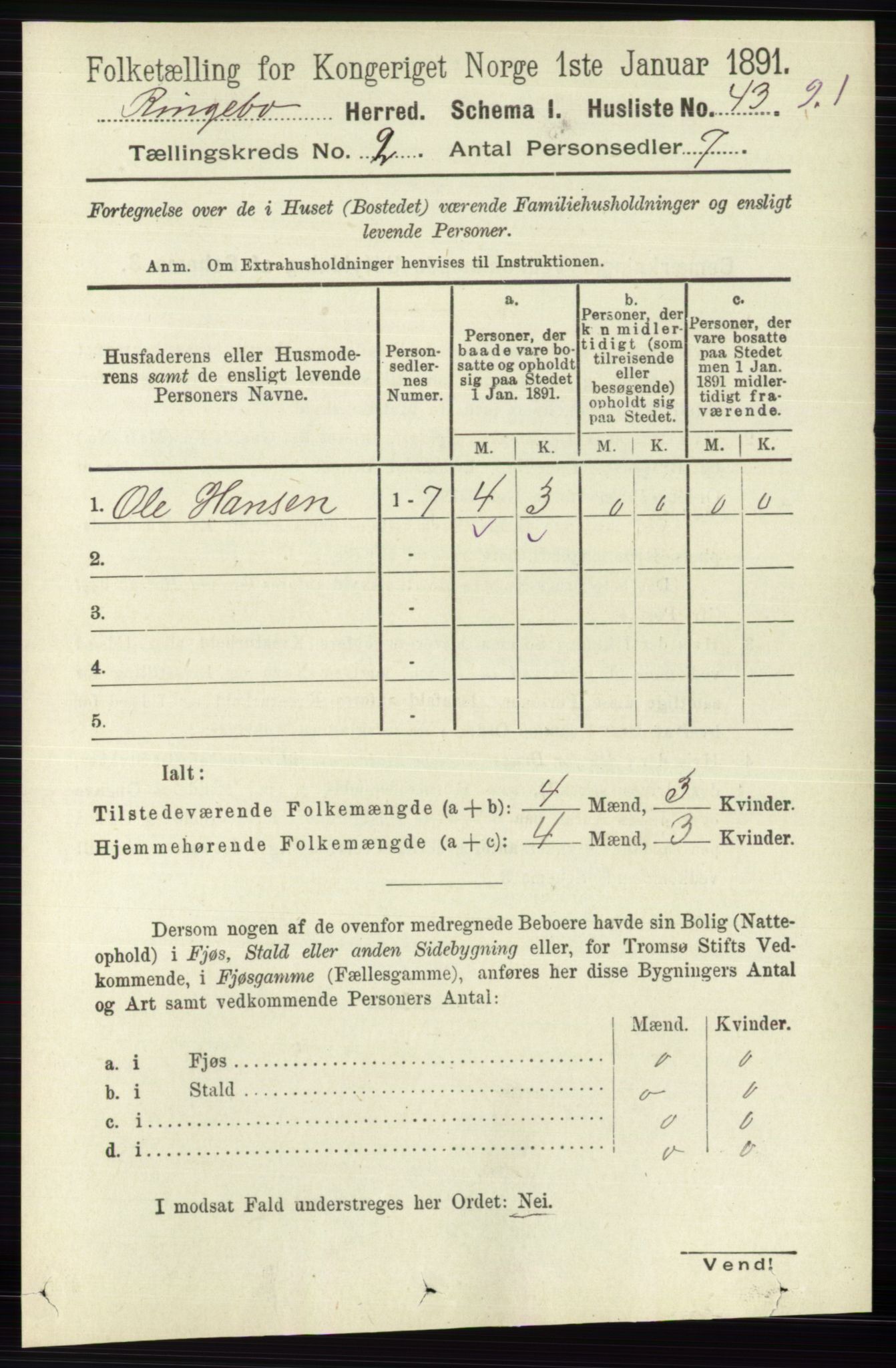 RA, 1891 census for 0520 Ringebu, 1891, p. 378