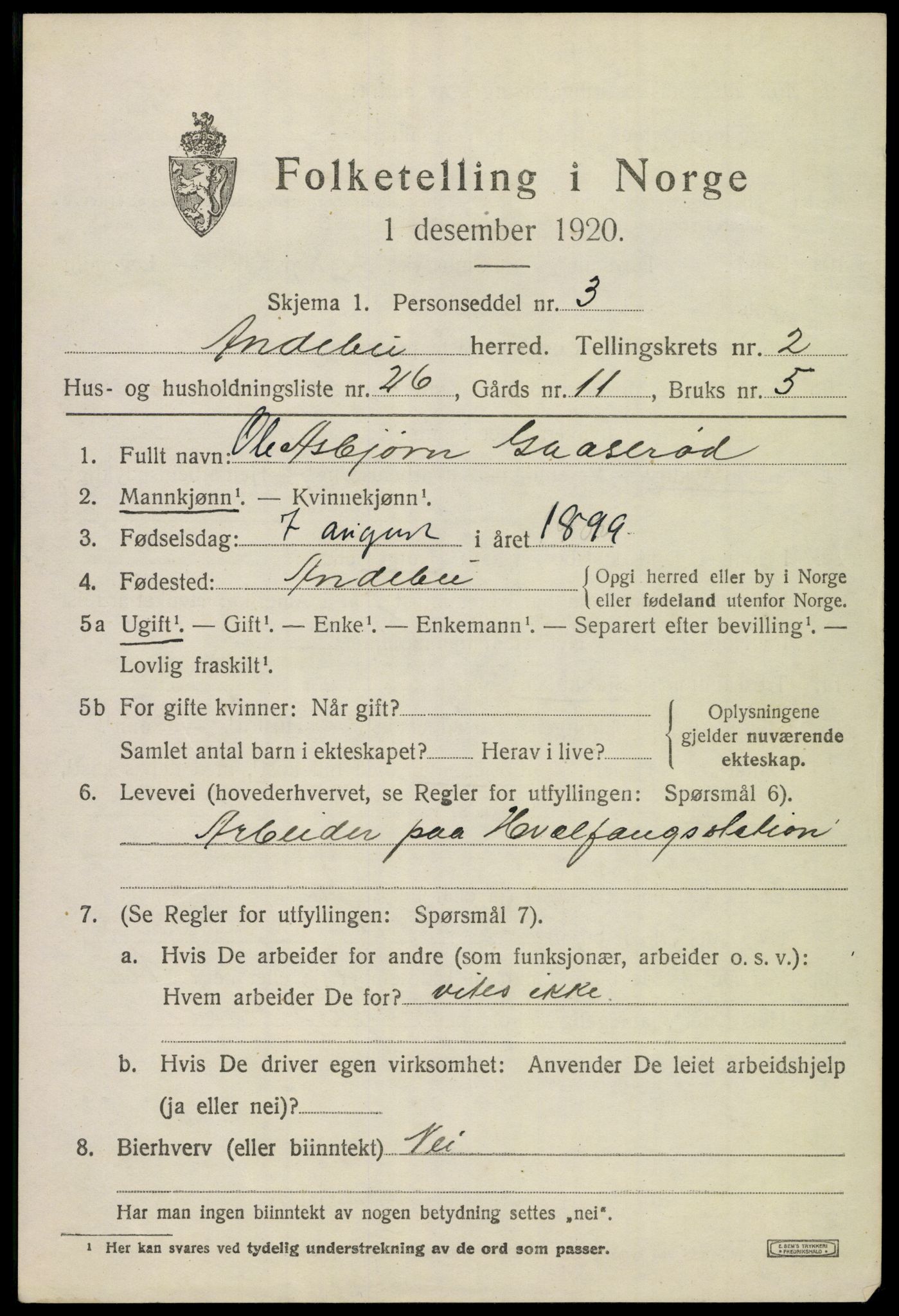 SAKO, 1920 census for Andebu, 1920, p. 1836