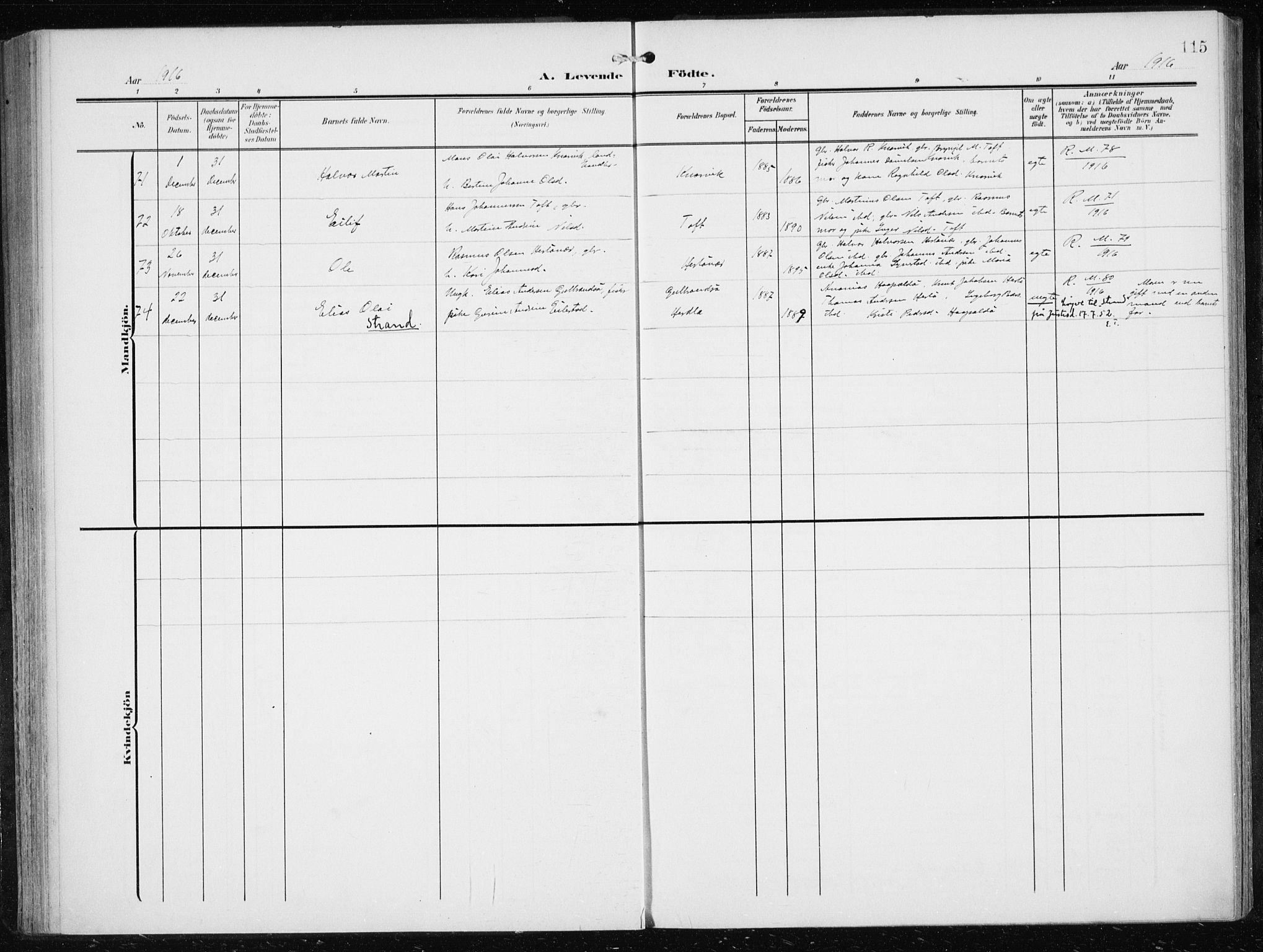 Herdla Sokneprestembete, SAB/A-75701/H/Haa: Parish register (official) no. A 5, 1905-1918, p. 115