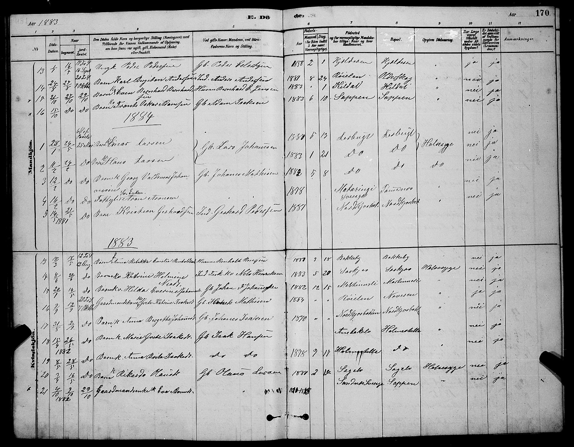 Skjervøy sokneprestkontor, AV/SATØ-S-1300/H/Ha/Hab/L0020klokker: Parish register (copy) no. 20, 1878-1892, p. 170