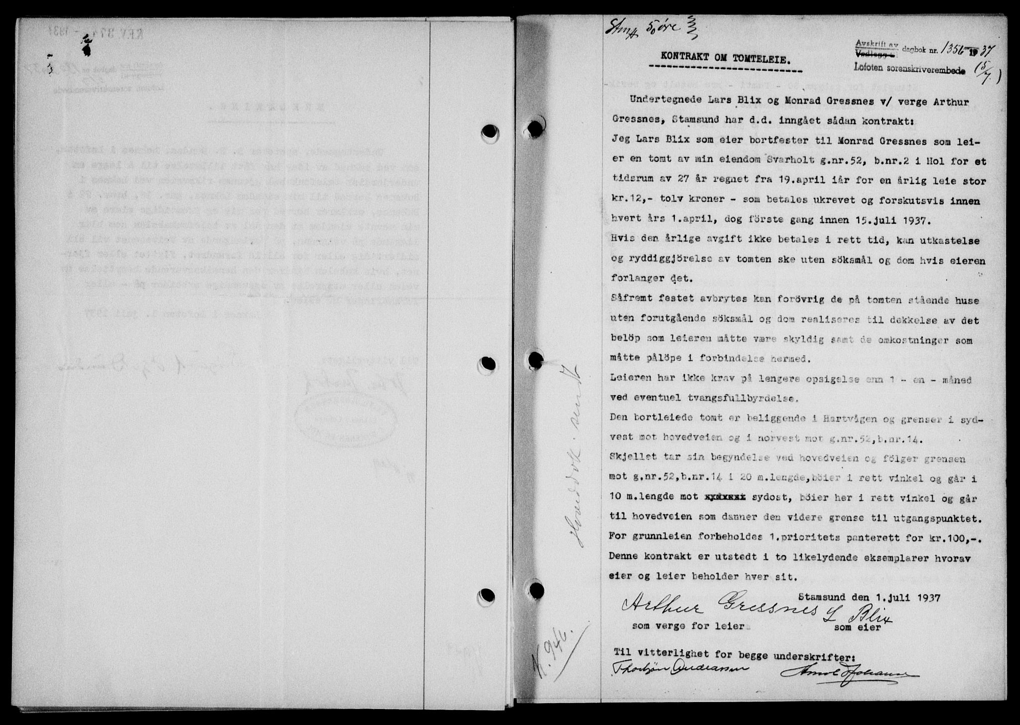 Lofoten sorenskriveri, SAT/A-0017/1/2/2C/L0002a: Mortgage book no. 2a, 1937-1937, Diary no: : 1356/1937