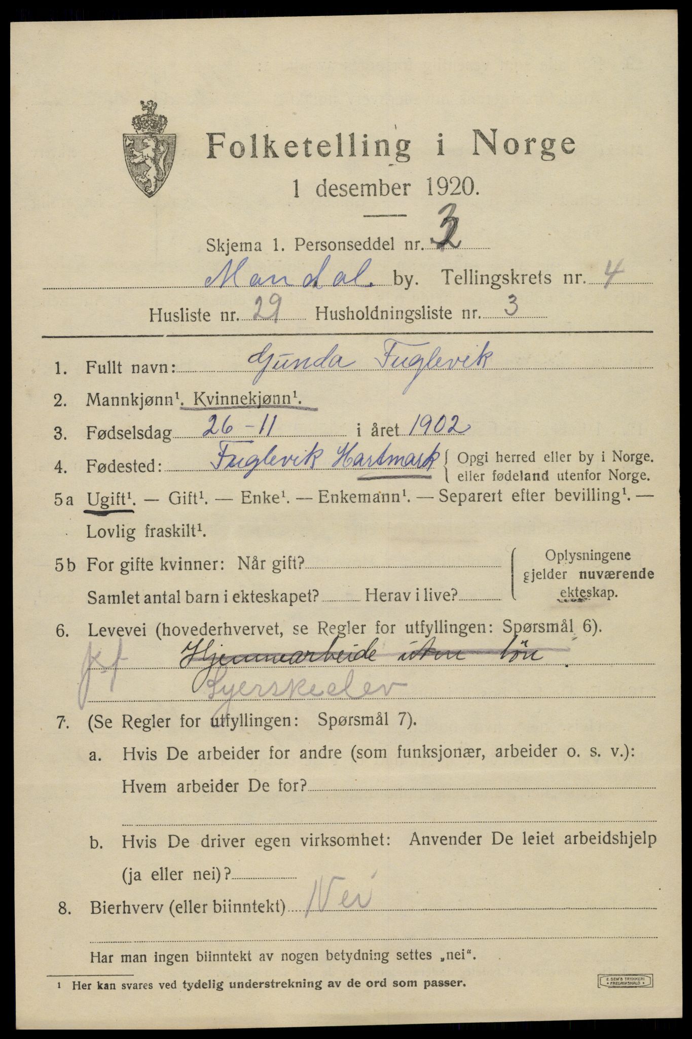 SAK, 1920 census for Mandal, 1920, p. 7291