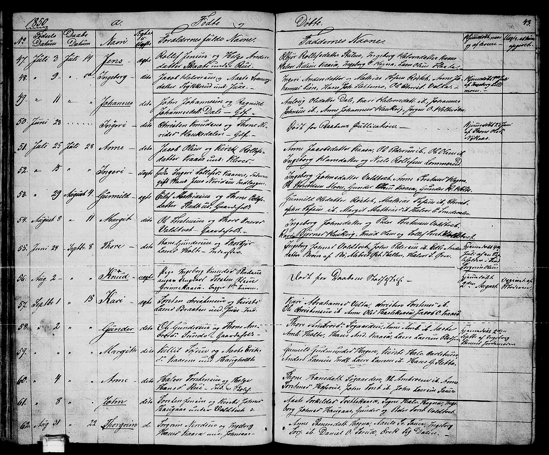 Sauherad kirkebøker, AV/SAKO-A-298/G/Ga/L0002: Parish register (copy) no. I 2, 1842-1866, p. 43