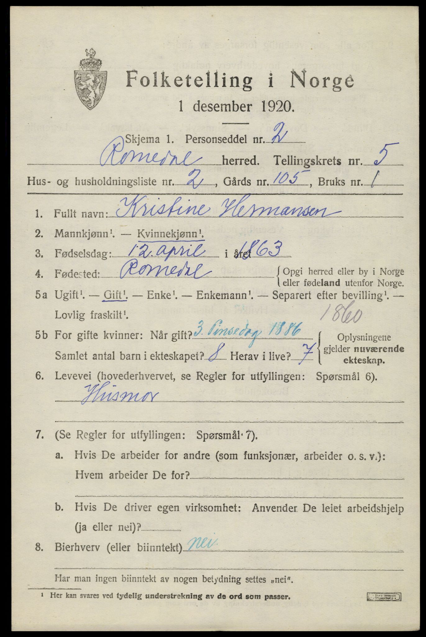 SAH, 1920 census for Romedal, 1920, p. 6949