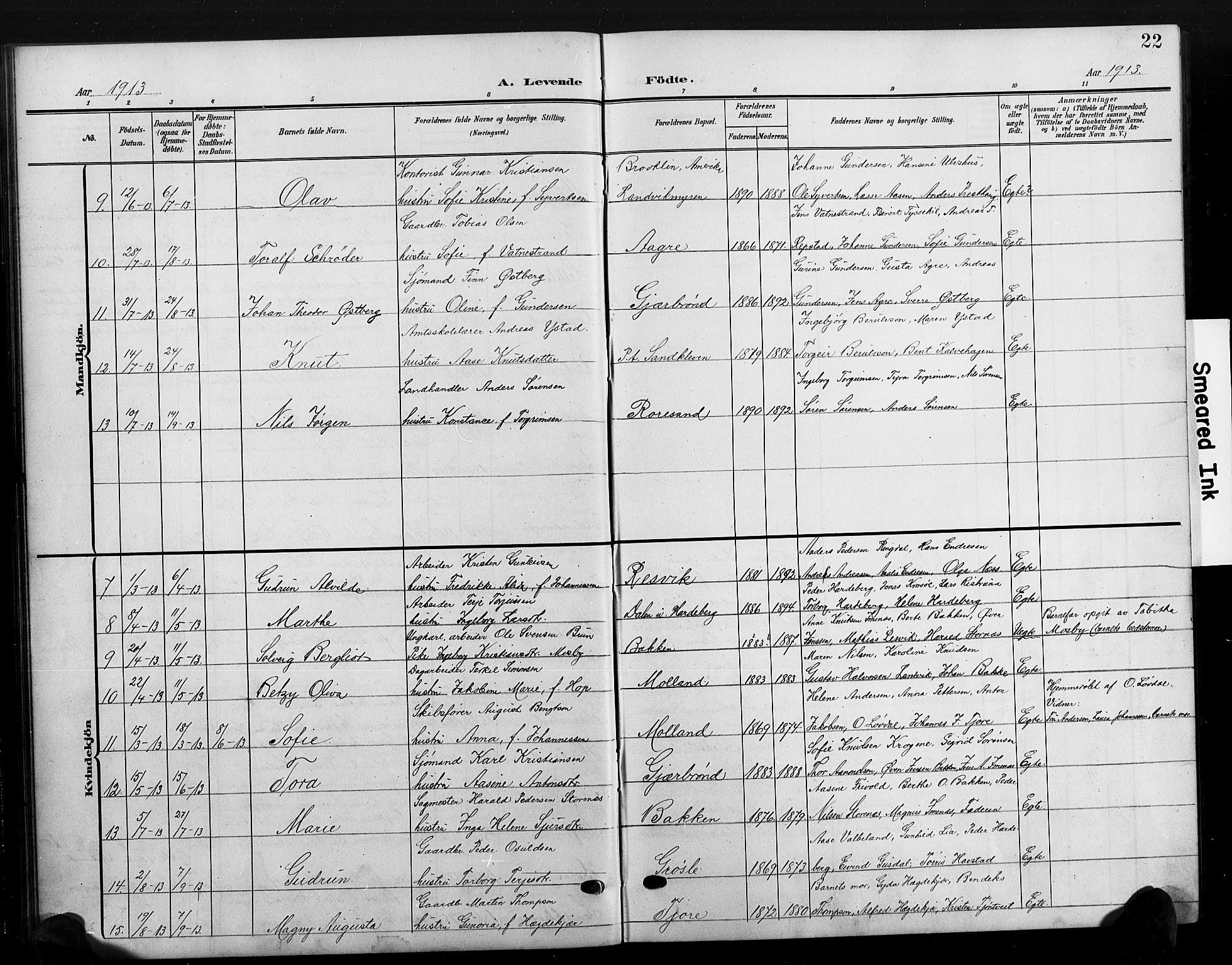 Hommedal sokneprestkontor, AV/SAK-1111-0023/F/Fb/Fbb/L0008: Parish register (copy) no. B 8, 1905-1929, p. 22