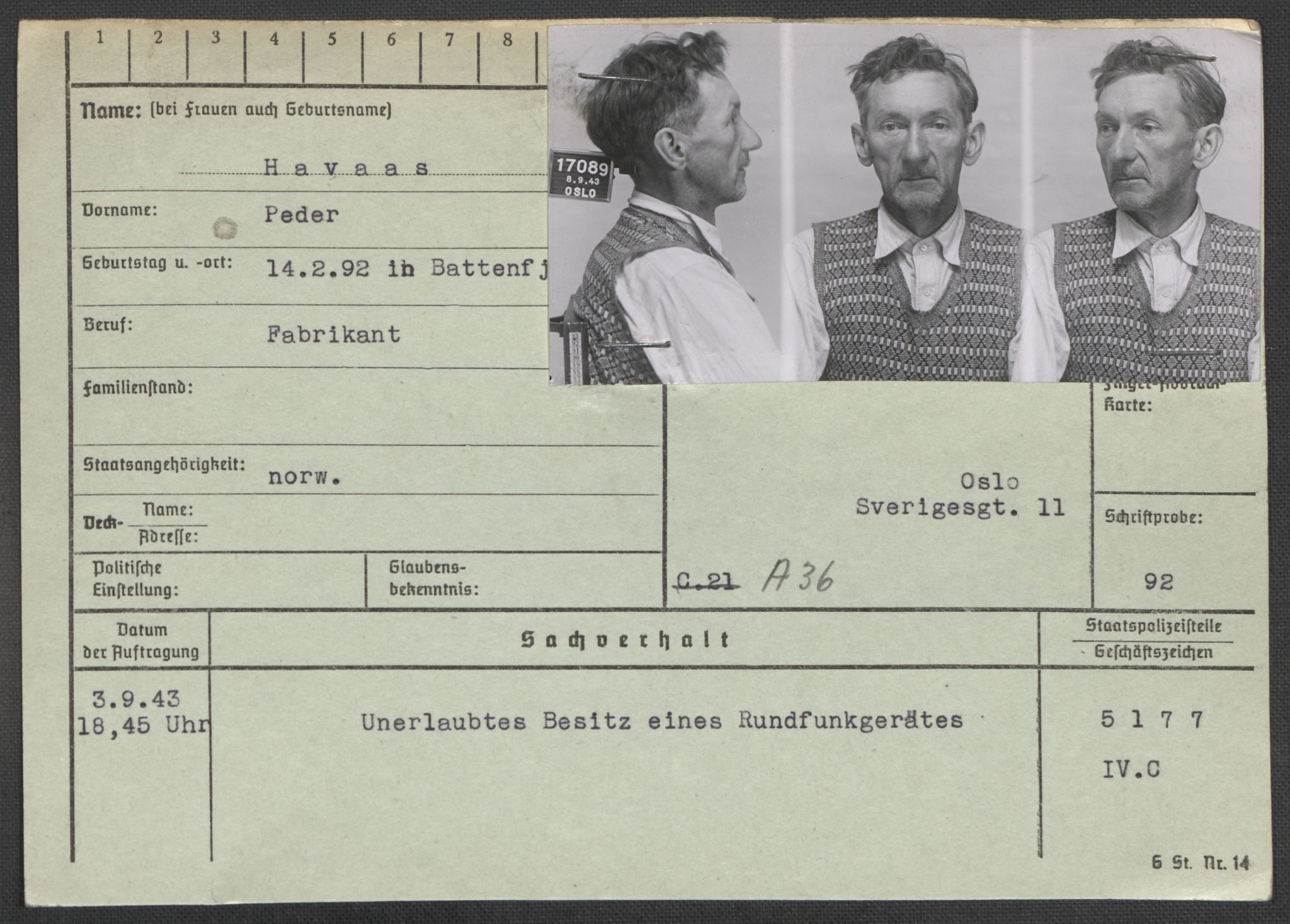 Befehlshaber der Sicherheitspolizei und des SD, RA/RAFA-5969/E/Ea/Eaa/L0004: Register over norske fanger i Møllergata 19: Hal-Hæ, 1940-1945, p. 817