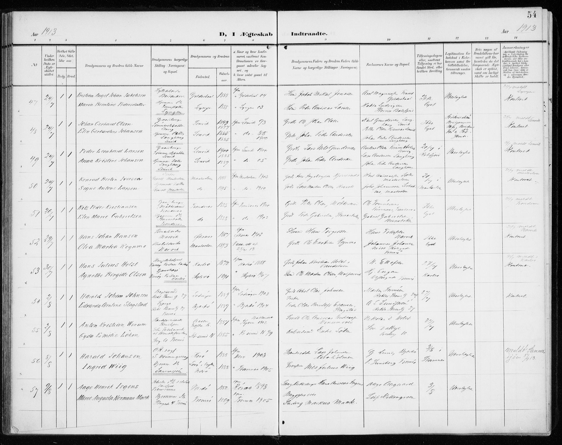 Tromsø sokneprestkontor/stiftsprosti/domprosti, AV/SATØ-S-1343/G/Ga/L0018kirke: Parish register (official) no. 18, 1907-1917, p. 54