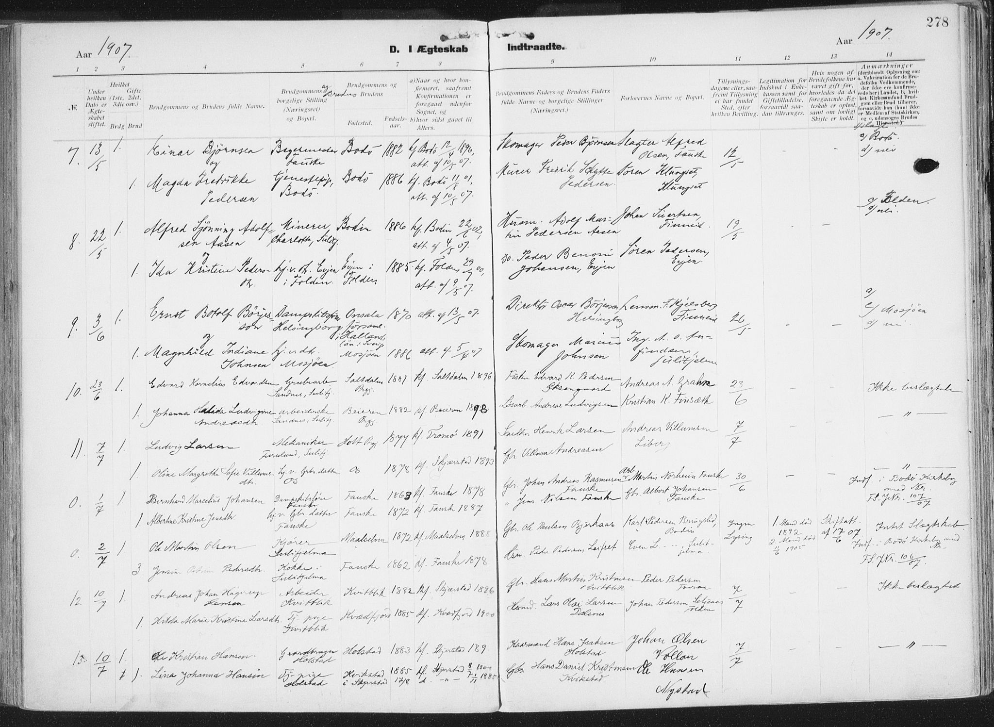 Ministerialprotokoller, klokkerbøker og fødselsregistre - Nordland, AV/SAT-A-1459/849/L0696: Parish register (official) no. 849A08, 1898-1910, p. 278