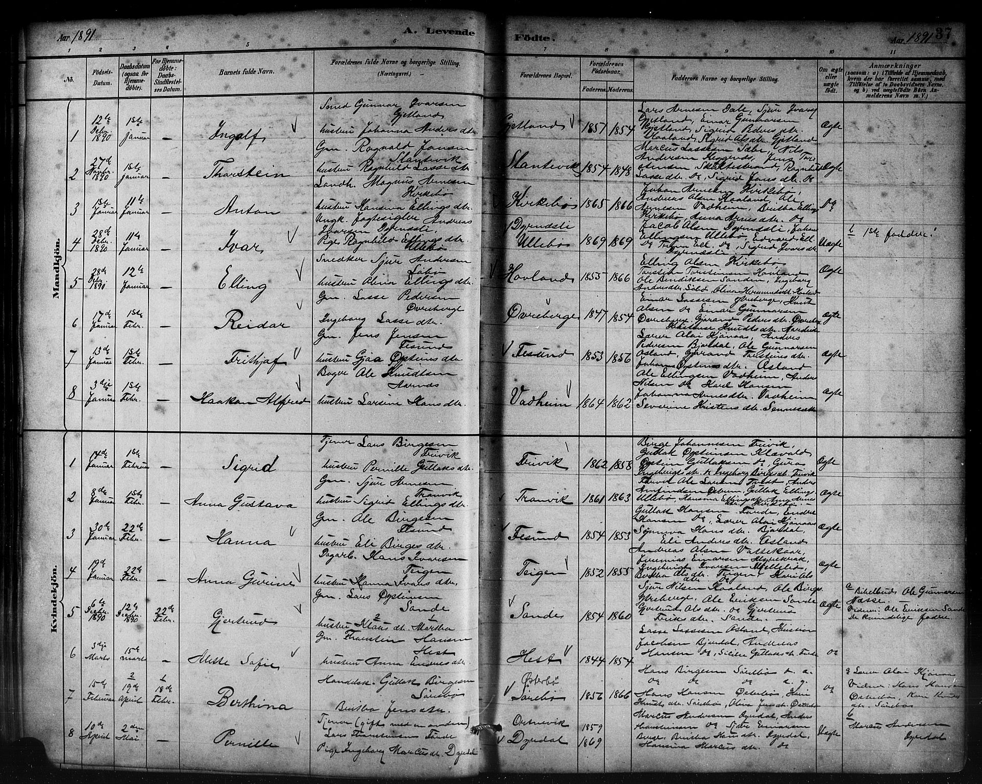 Lavik sokneprestembete, SAB/A-80901: Parish register (copy) no. B 3, 1882-1913, p. 37