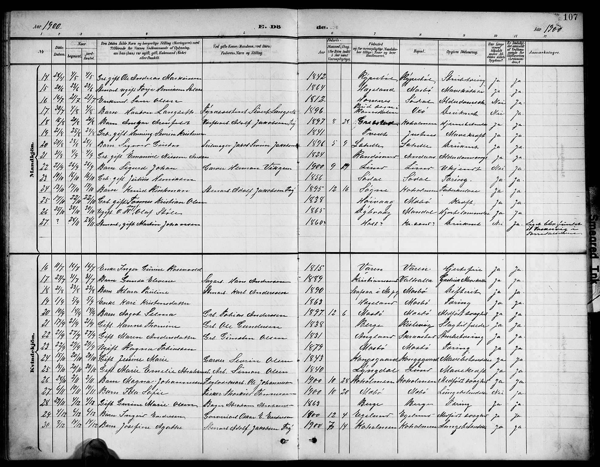 Oddernes sokneprestkontor, AV/SAK-1111-0033/F/Fb/Fba/L0009: Parish register (copy) no. B 9, 1899-1923, p. 107