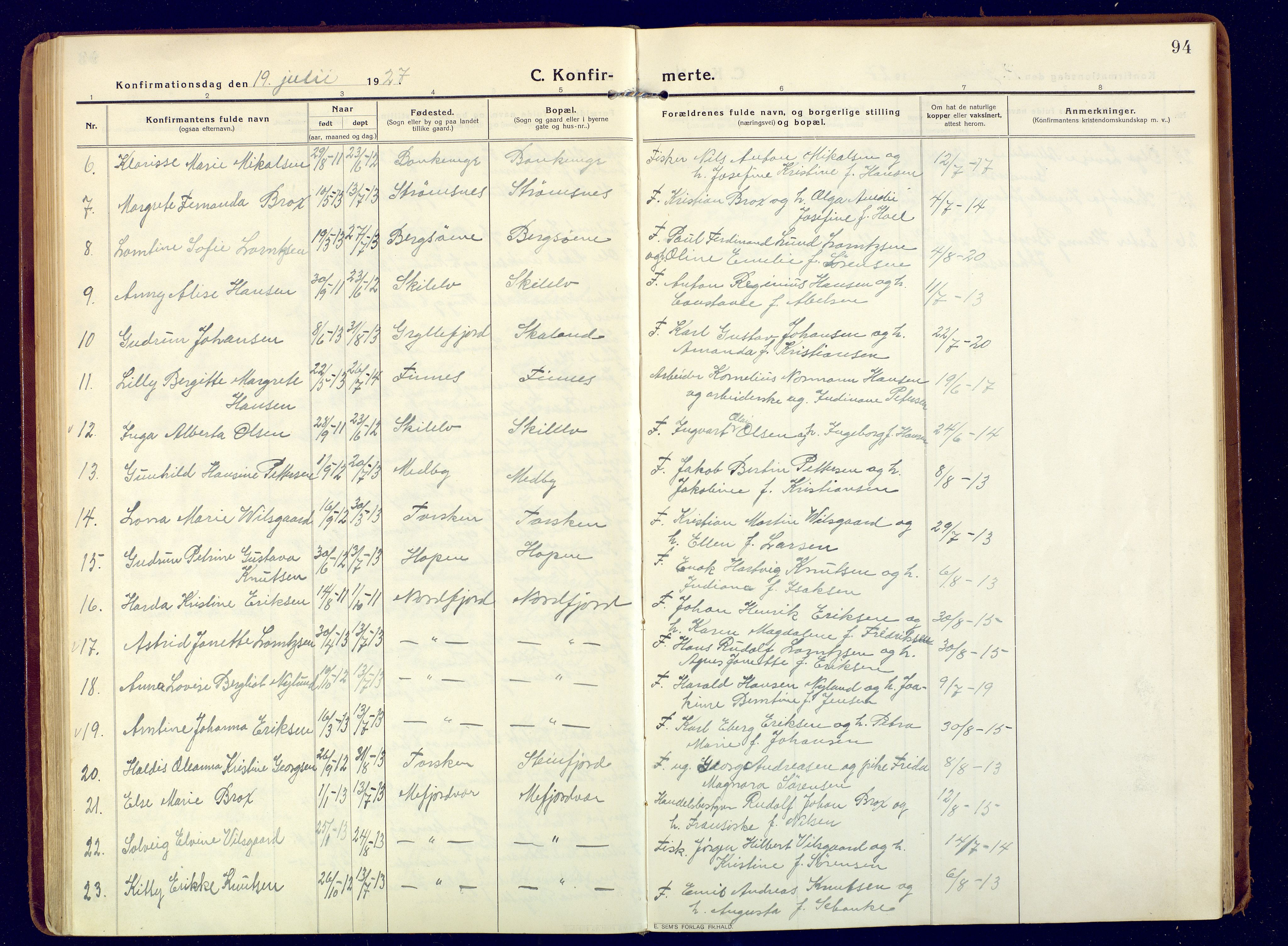 Berg sokneprestkontor, AV/SATØ-S-1318/G/Ga/Gaa/L0009kirke: Parish register (official) no. 9, 1916-1928, p. 94