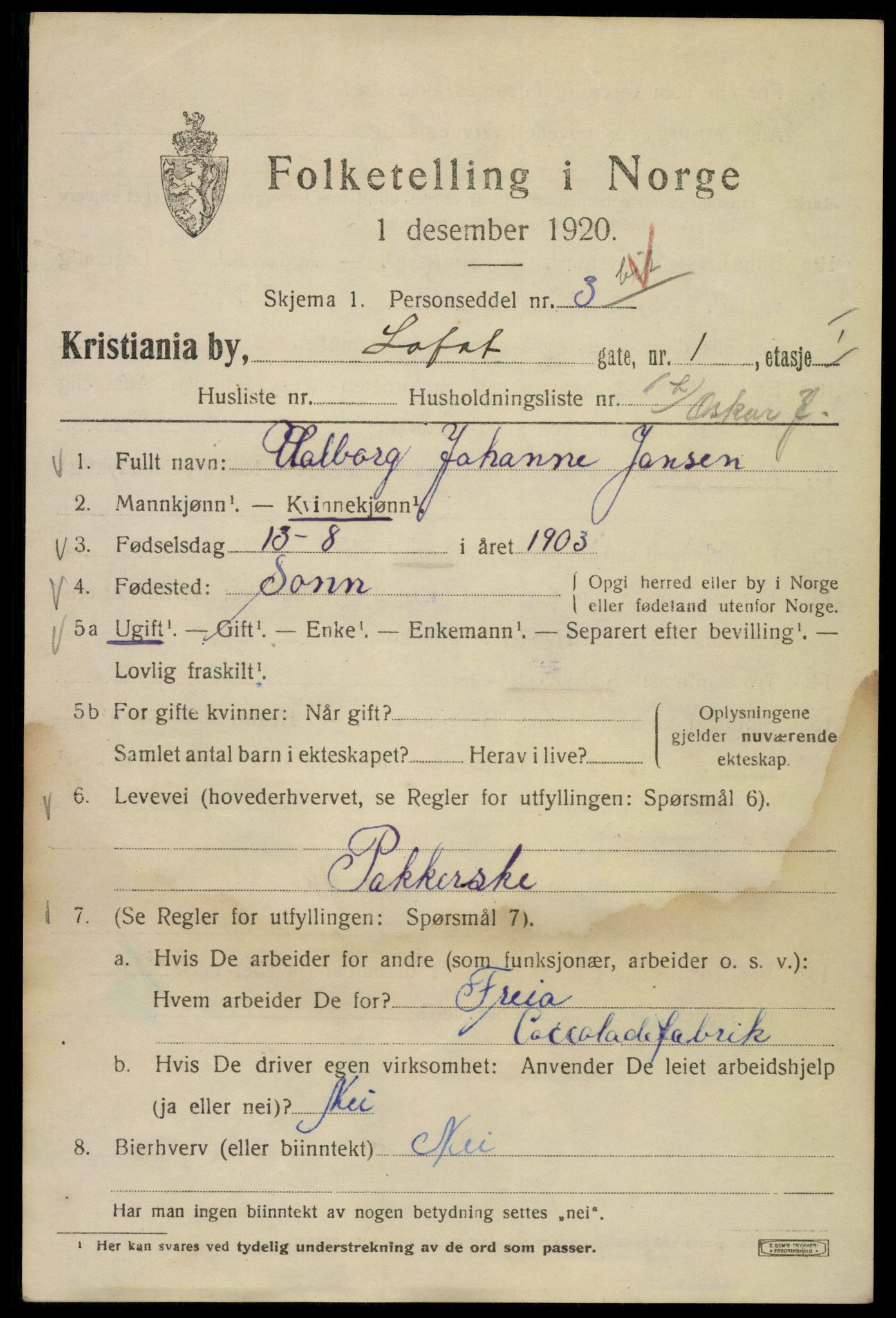 SAO, 1920 census for Kristiania, 1920, p. 366235