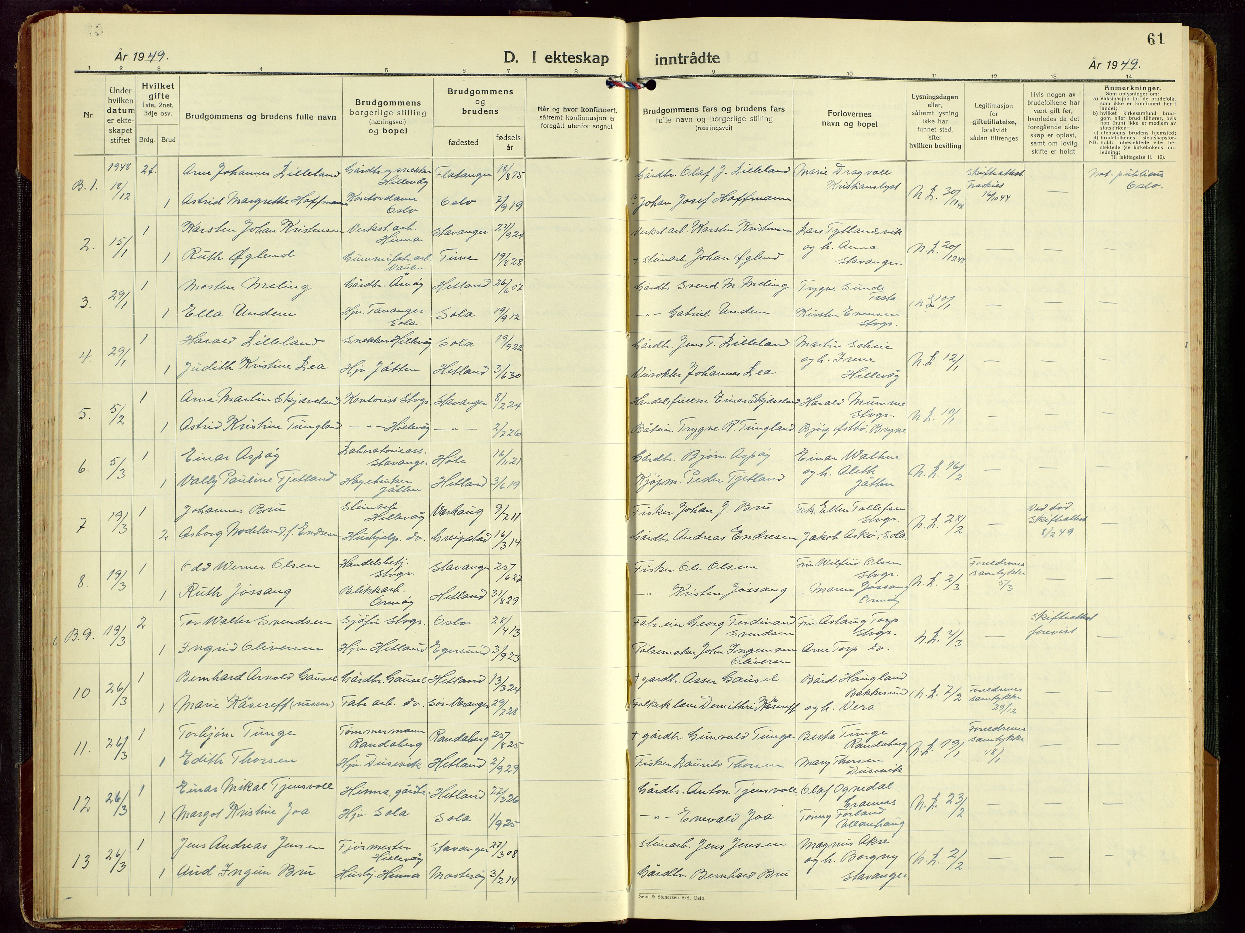 Hetland sokneprestkontor, AV/SAST-A-101826/30/30BB/L0016: Parish register (copy) no. B 16, 1942-1960, p. 61