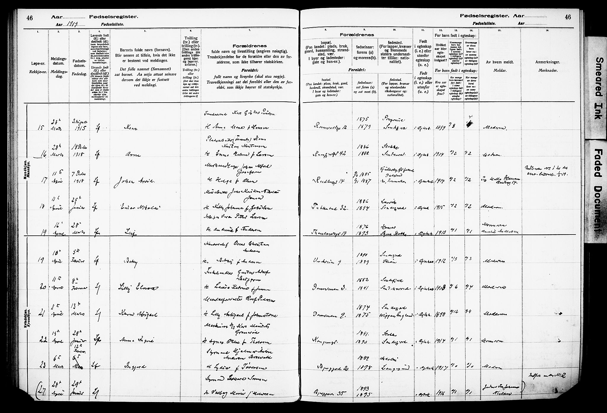 Sandefjord kirkebøker, AV/SAKO-A-315/J/Ja/L0001: Birth register no. 1, 1916-1932, p. 46