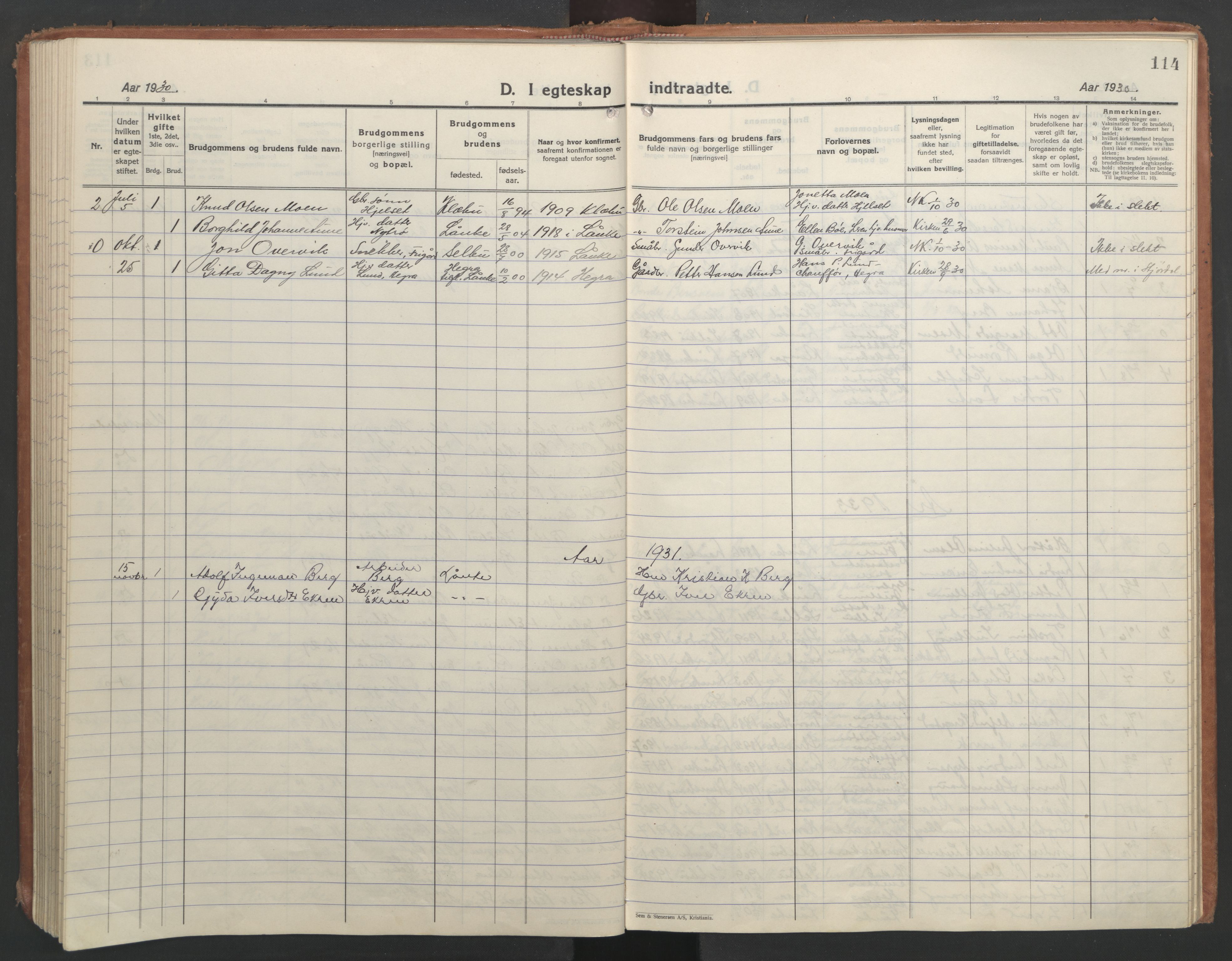 Ministerialprotokoller, klokkerbøker og fødselsregistre - Nord-Trøndelag, SAT/A-1458/710/L0097: Parish register (copy) no. 710C02, 1925-1955, p. 114