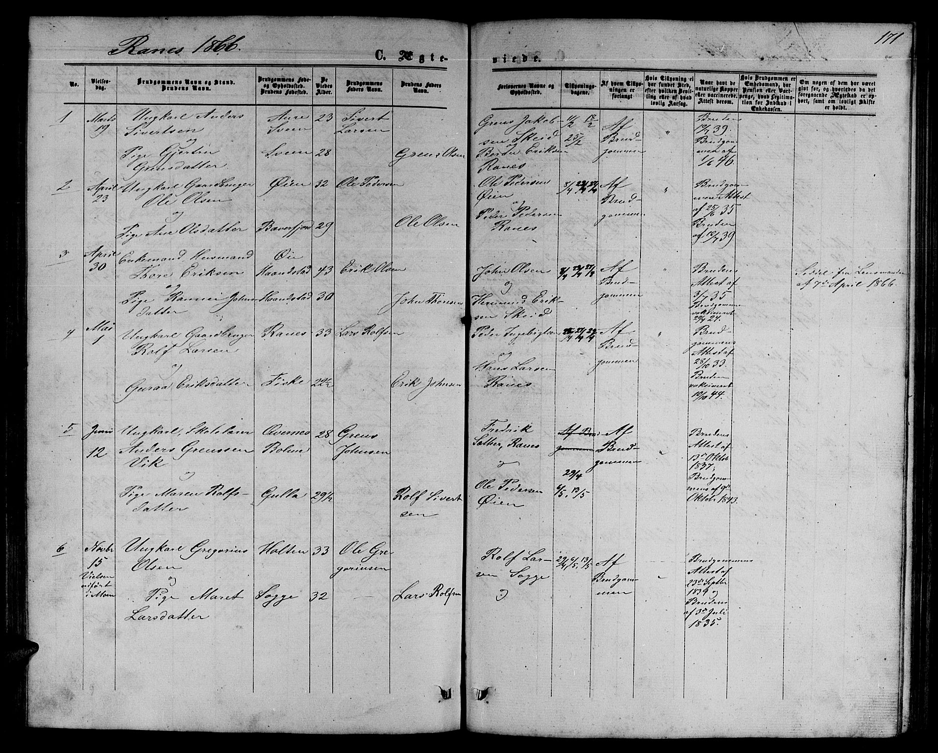 Ministerialprotokoller, klokkerbøker og fødselsregistre - Møre og Romsdal, SAT/A-1454/595/L1051: Parish register (copy) no. 595C03, 1866-1891, p. 171
