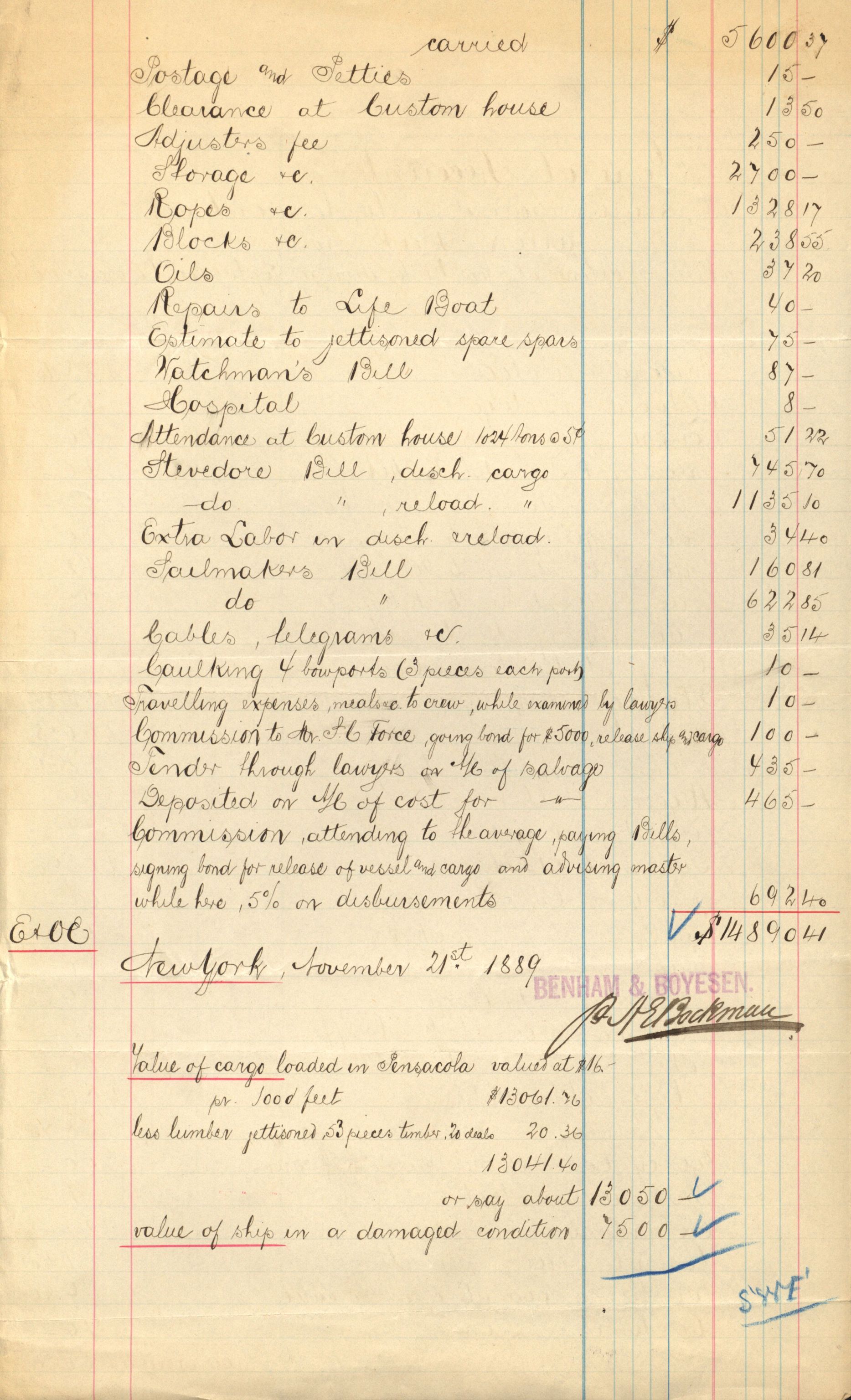 Pa 63 - Østlandske skibsassuranceforening, VEMU/A-1079/G/Ga/L0023/0012: Havaridokumenter / Columbus, Christiane Sophie, Marie, Jarlen, Kong Carl XV, 1889, p. 91