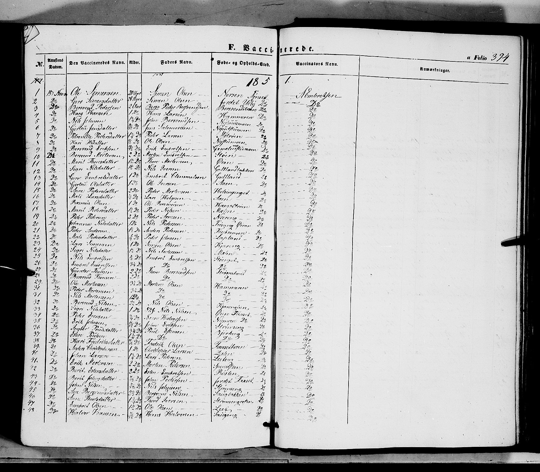 Tynset prestekontor, SAH/PREST-058/H/Ha/Haa/L0020: Parish register (official) no. 20, 1848-1862, p. 394