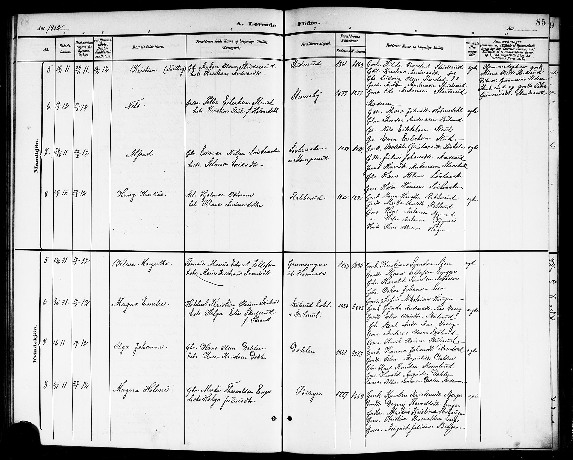 Høland prestekontor Kirkebøker, SAO/A-10346a/G/Gb/L0001: Parish register (copy) no. II 1, 1902-1919, p. 85