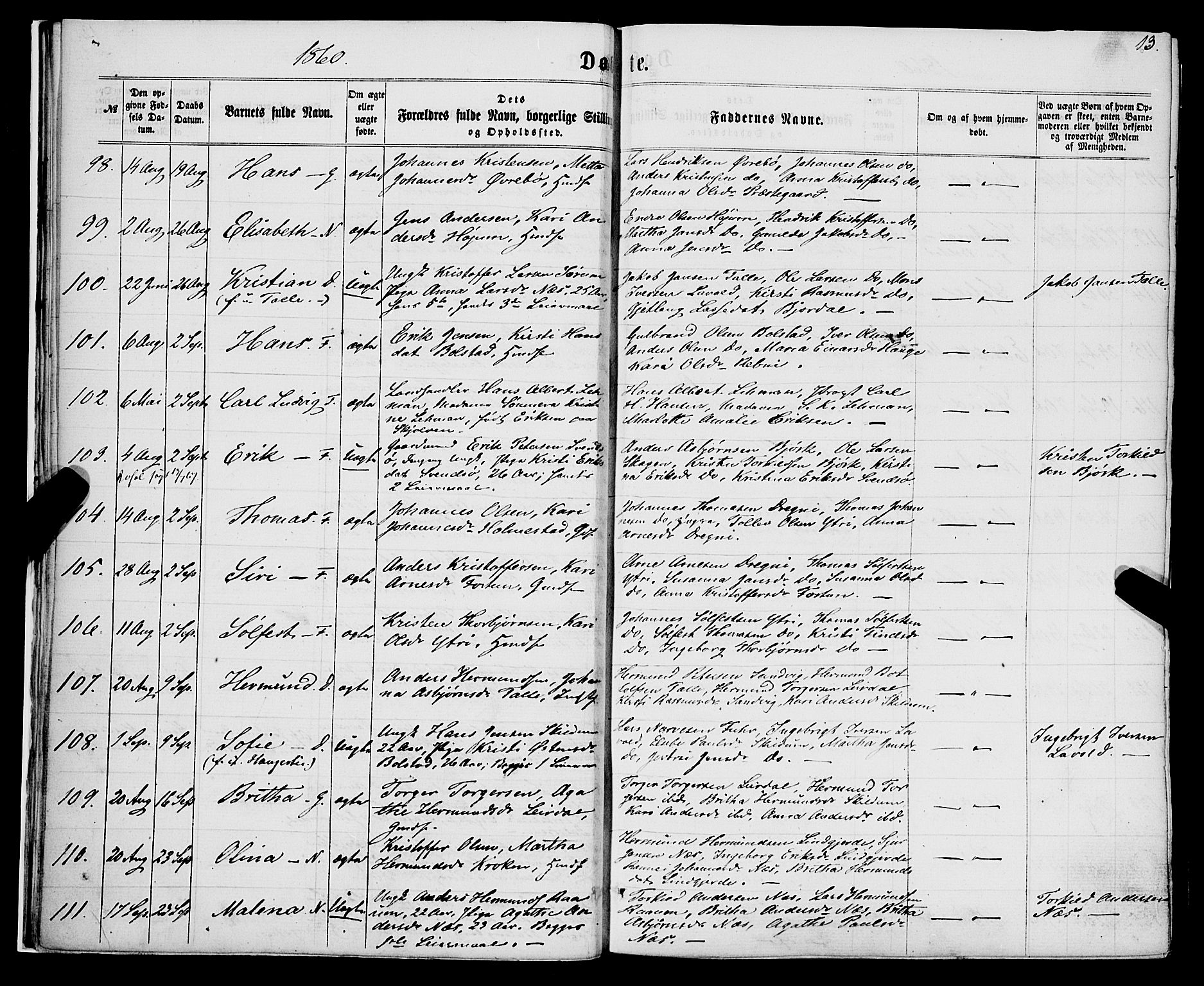 Luster sokneprestembete, SAB/A-81101/H/Haa/Haaa/L0008: Parish register (official) no. A 8, 1860-1870, p. 13