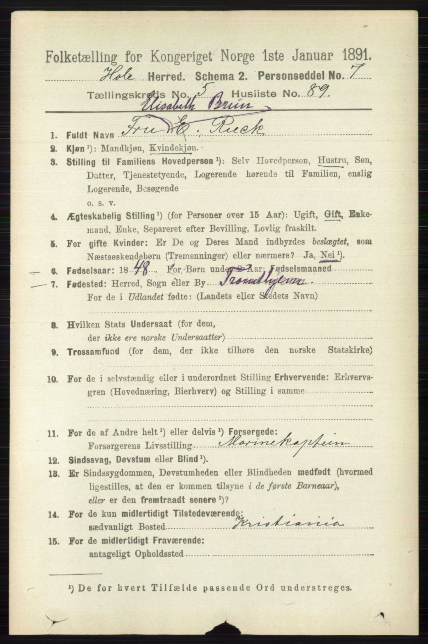 RA, 1891 census for 0612 Hole, 1891, p. 2961