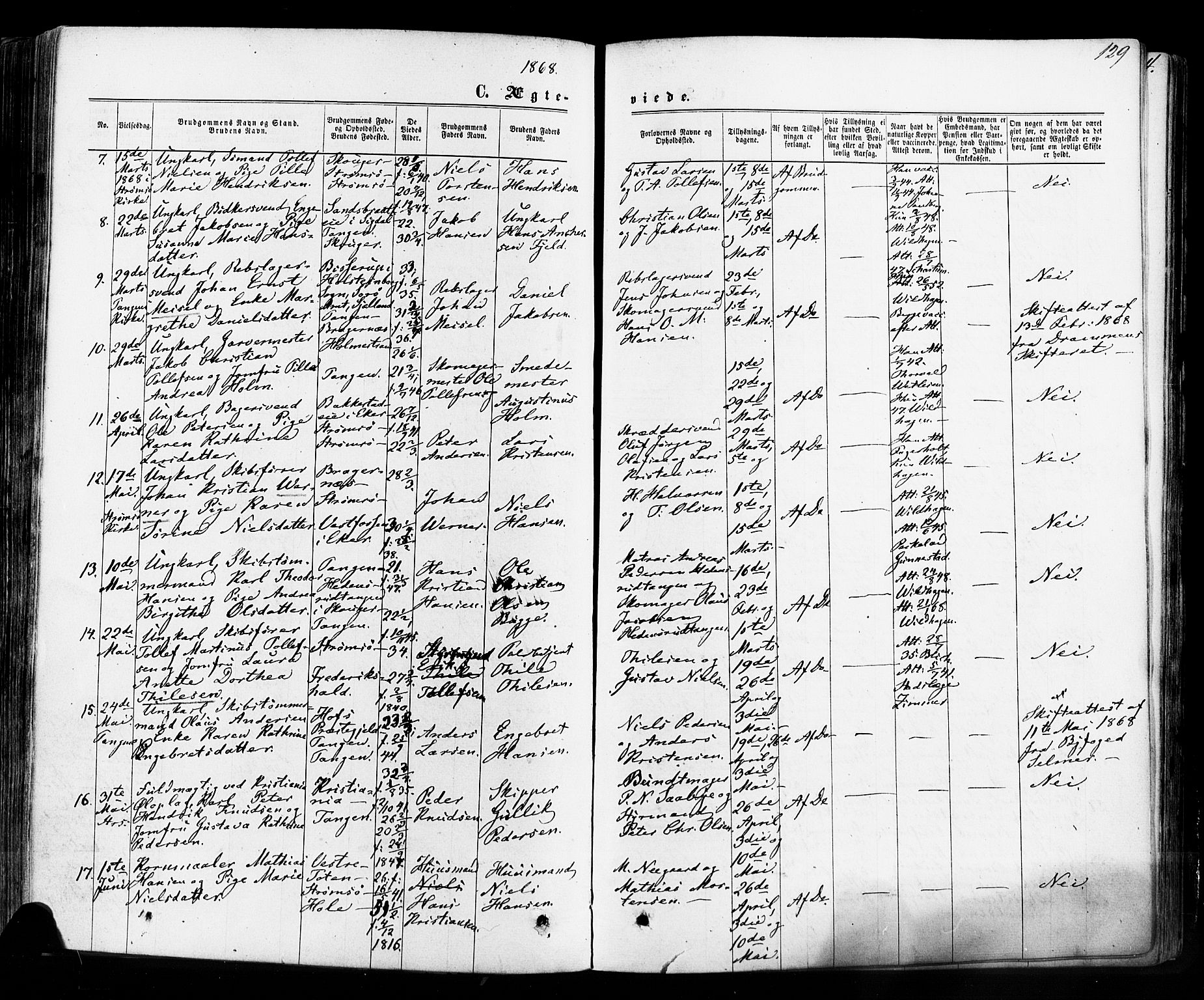 Strømsø kirkebøker, AV/SAKO-A-246/F/Fa/L0018: Parish register (official) no. I 18, 1865-1878, p. 129