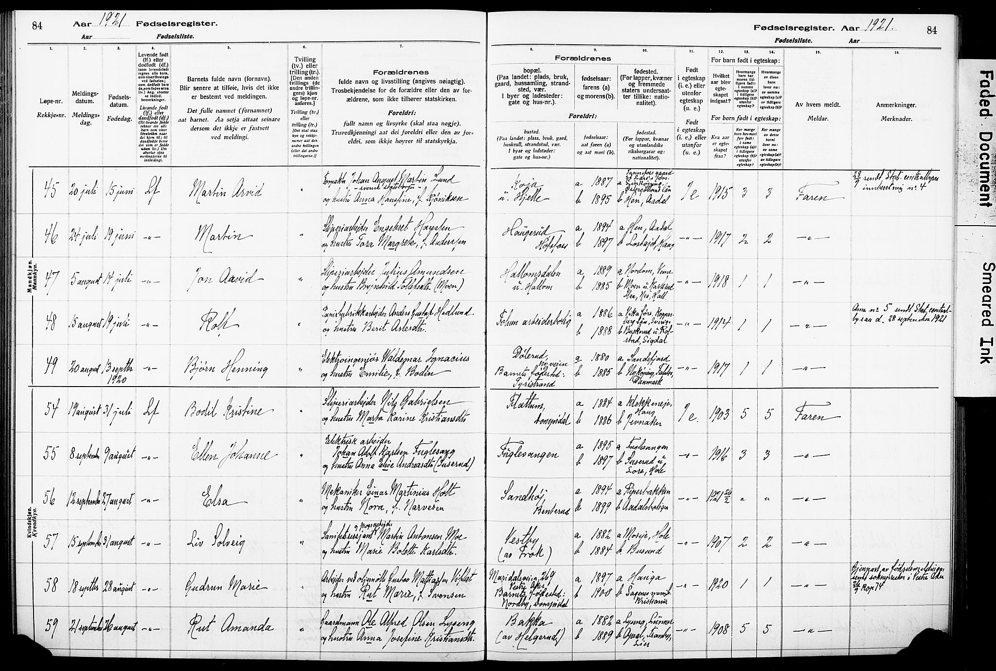 Norderhov kirkebøker, AV/SAKO-A-237/J/Ja/L0001: Birth register no. 1, 1916-1930, p. 84